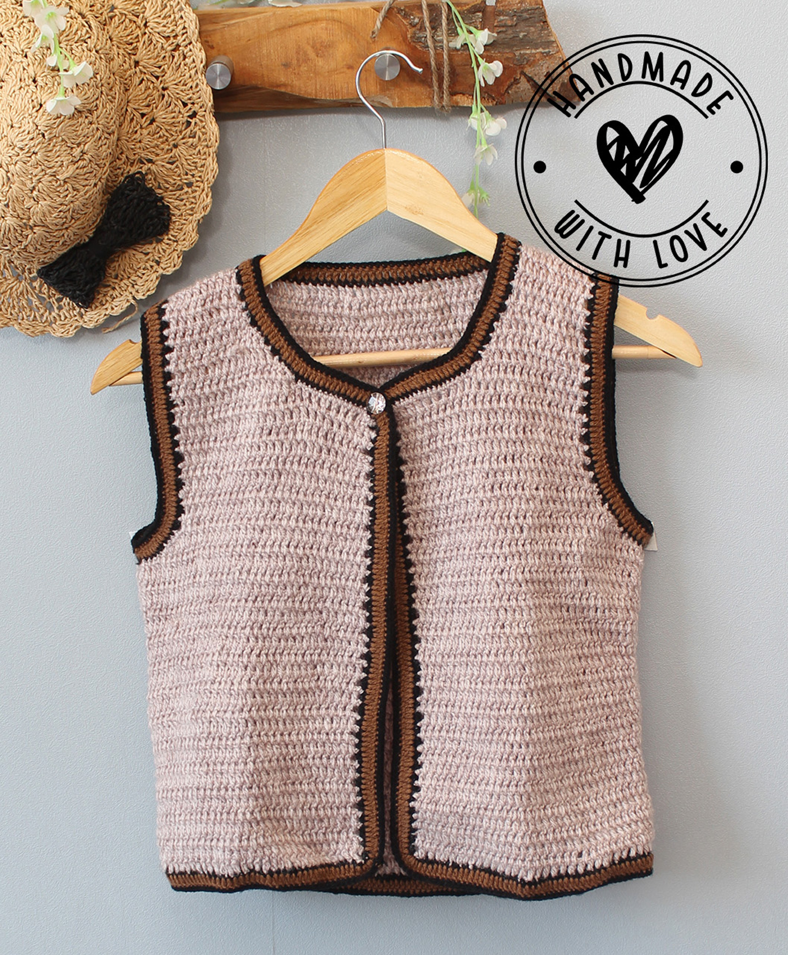 Woonie Hand Knitted Sleeveless Self Designed Sweater - Beige-image-1