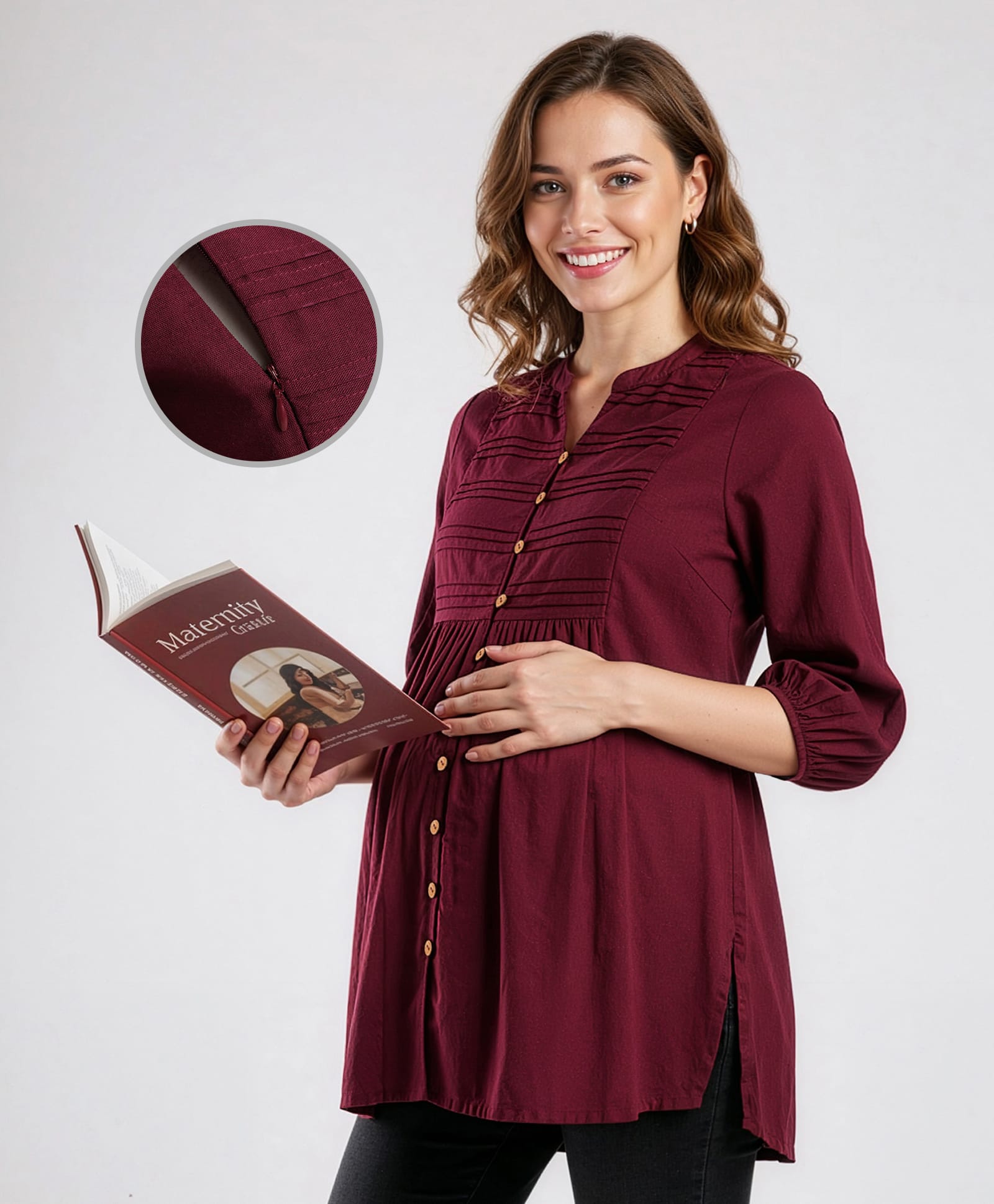 Bella Mama Woven Three Fourth Sleeves Solid Color Pleated Yoke Maternity Top - Wine