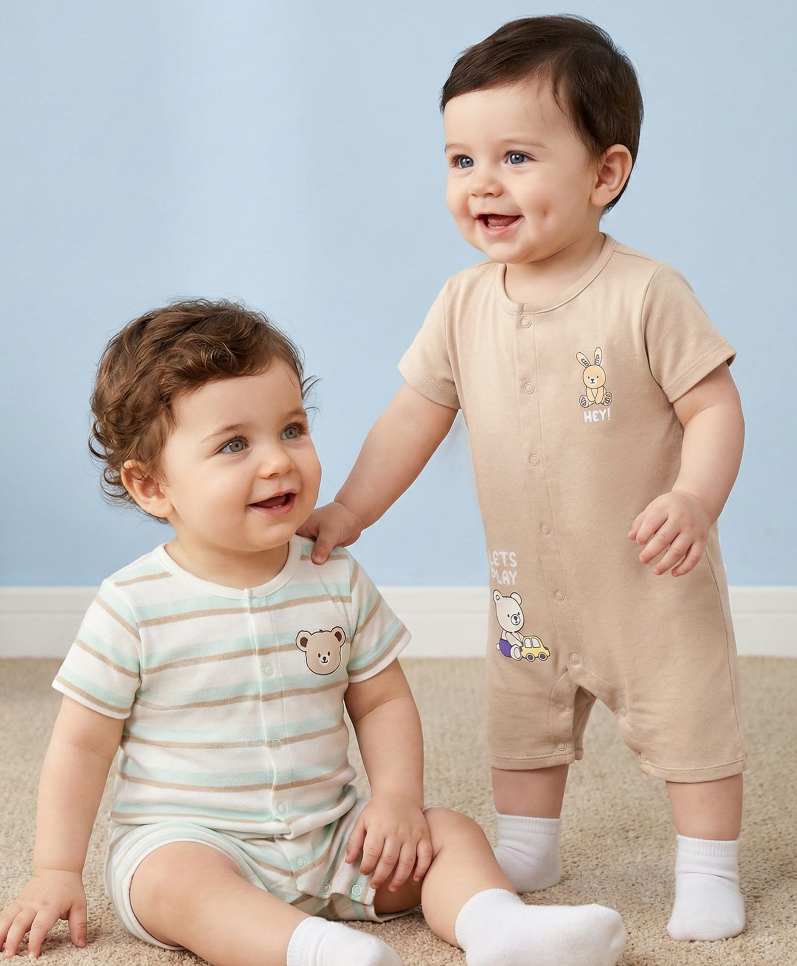 Babyoye 100% Cotton Woven Half Sleeves Rompers With Animal Print Pack of 2 - Multicolor-image-14
