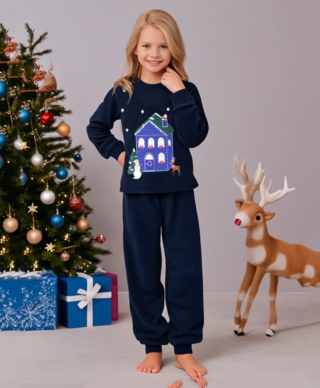 Cherry Crumble By Nitt Hyman Knit Christmas Theme Full Sleeves House Patch Detailed Unisex Winter Night Suit Set - Navy Blue-picture-10