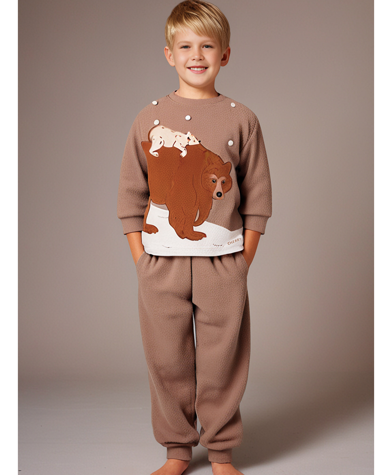 Cherry Crumble By Nitt Hyman Knit Christmas Theme Full Sleeves Bear Patch Detailed Night Suit Set - Brown-picture-32