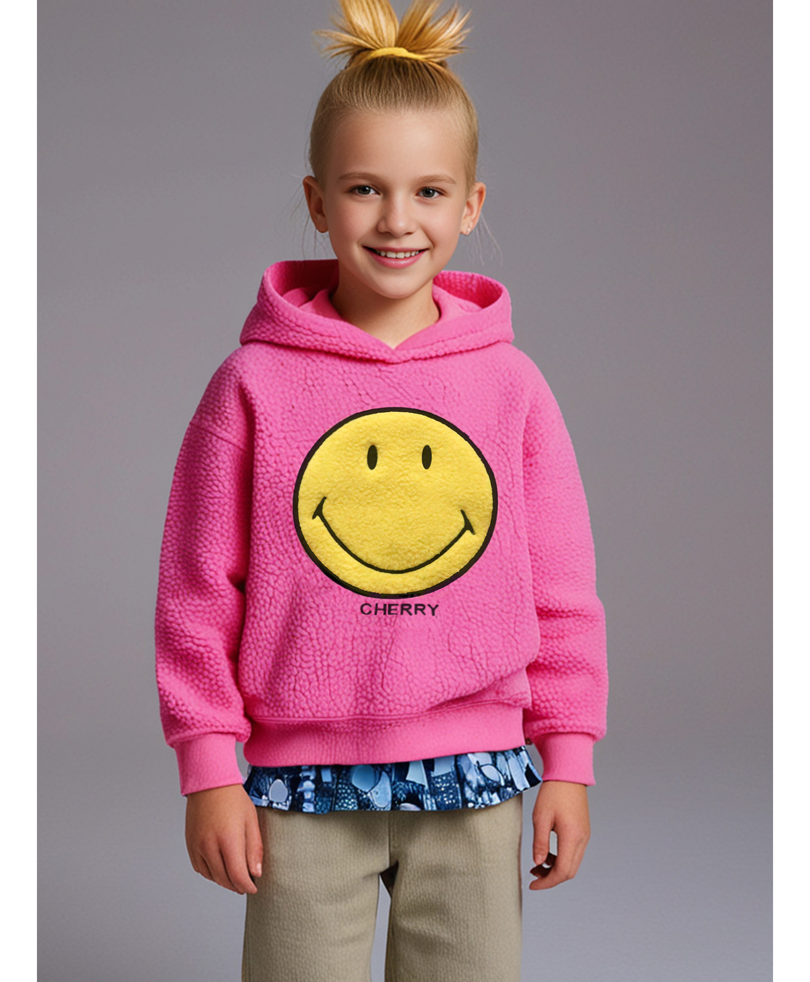 Cherry Crumble By Nitt Hyman Knit Full Sleeves Smiley Applique Detailed Unisex Hooded Winter Sweatshirt - Pink-picture-18
