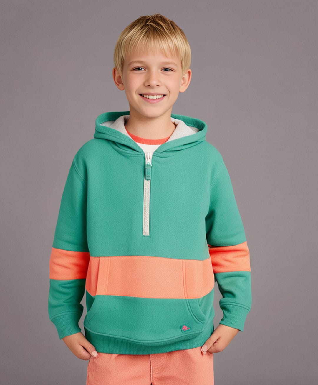 Cherry Crumble By Nitt Hyman Cotton Blend Knit Full Sleeves Colour Blocked Winter Hooded Sweatshirt - Green Coral-picture-16