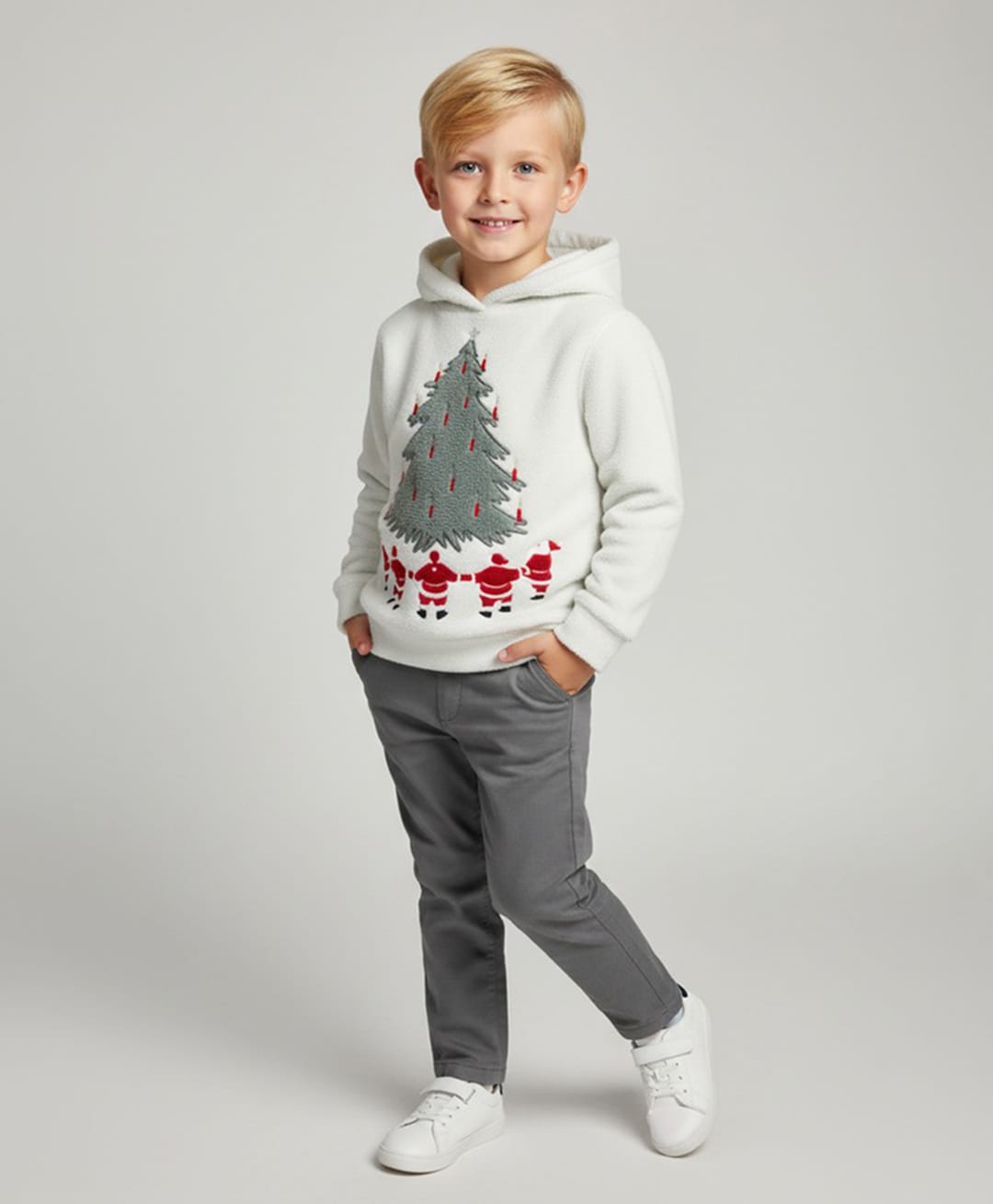 Cherry Crumble By Nitt Hyman Knit Christmas Theme Full Sleeves Tree & Santa Claus Patch Detailed Light Winter Unisex Hooded Sweatshirt -White-picture-29