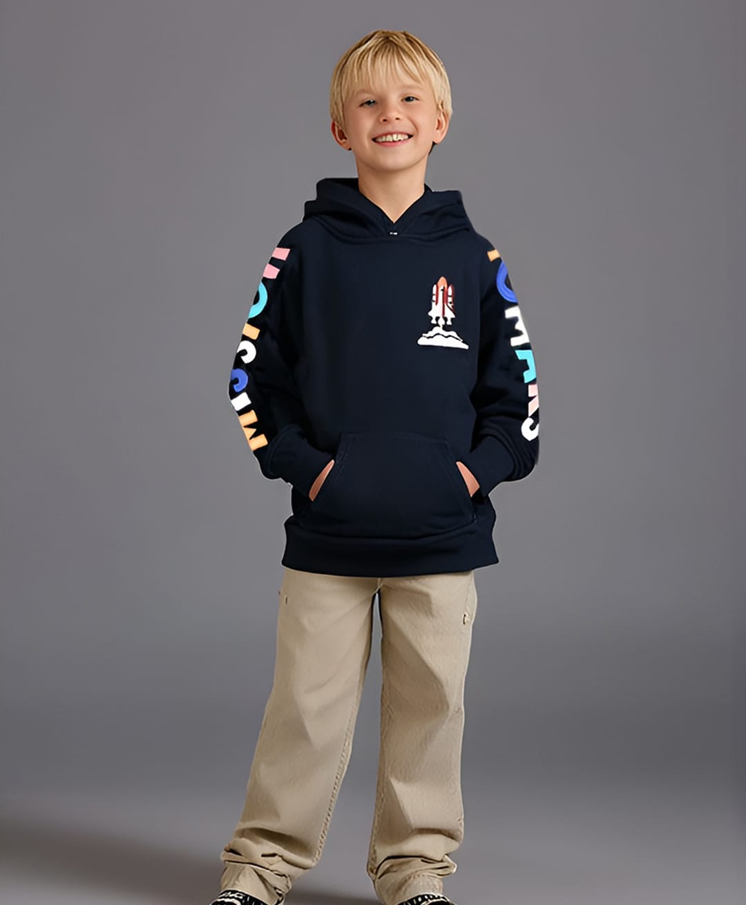 Cherry Crumble By Nitt Hyman Cotton Blend Knit Full Sleeves Rocket Patch Detailed Light Winter Unisex Hooded Sweatshirt - Navy Blue-picture-28