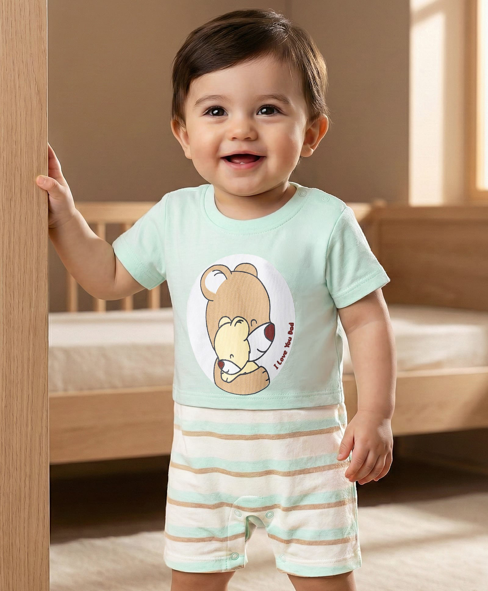 Babyoye 100% Cotton Knit Half Sleeves Romper With Teddy Bear Print - Lime Green-image-41