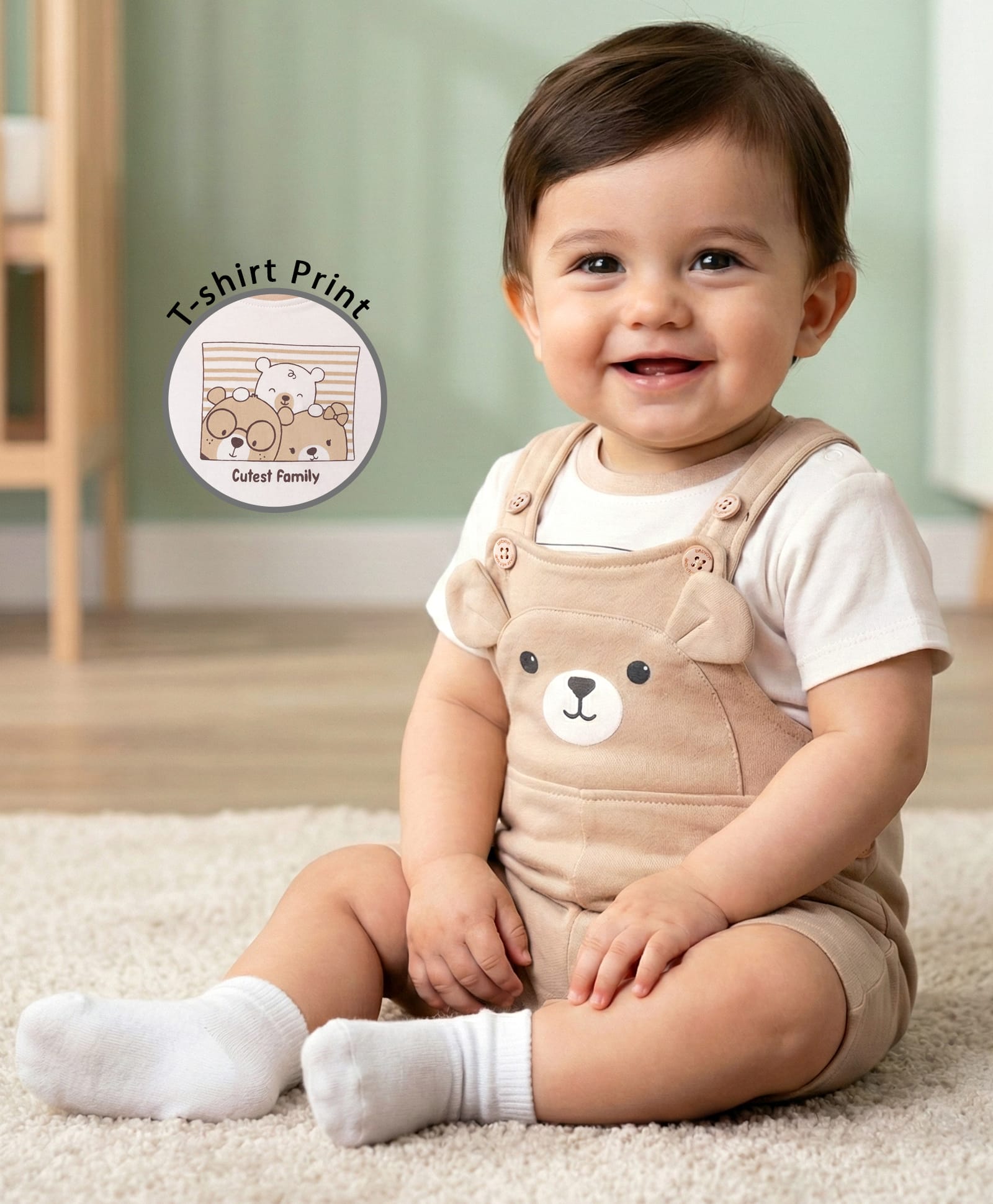 Babyoye 100% Cotton Knit Dungaree & Half Sleeves Inner Tee With Teddy Bear Print - Light Orange-image-25