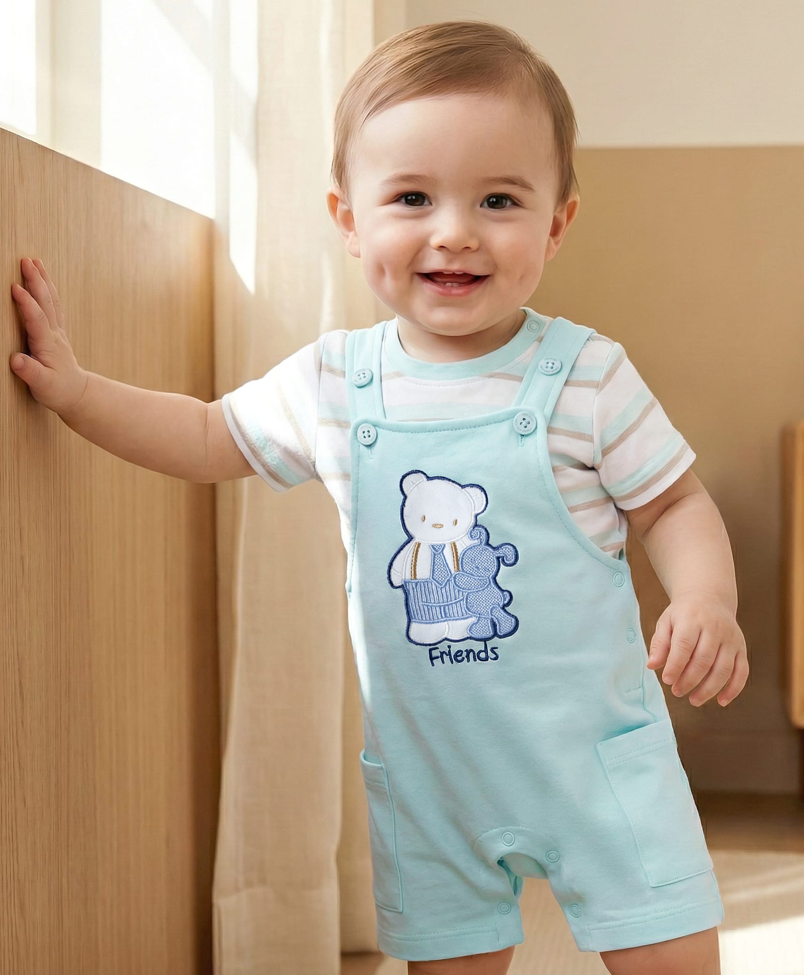Babyoye 100% Cotton Knit Half Sleeves Striped T-Shirt & Dungaree with Bear Embroidery - Sea Green-image-30