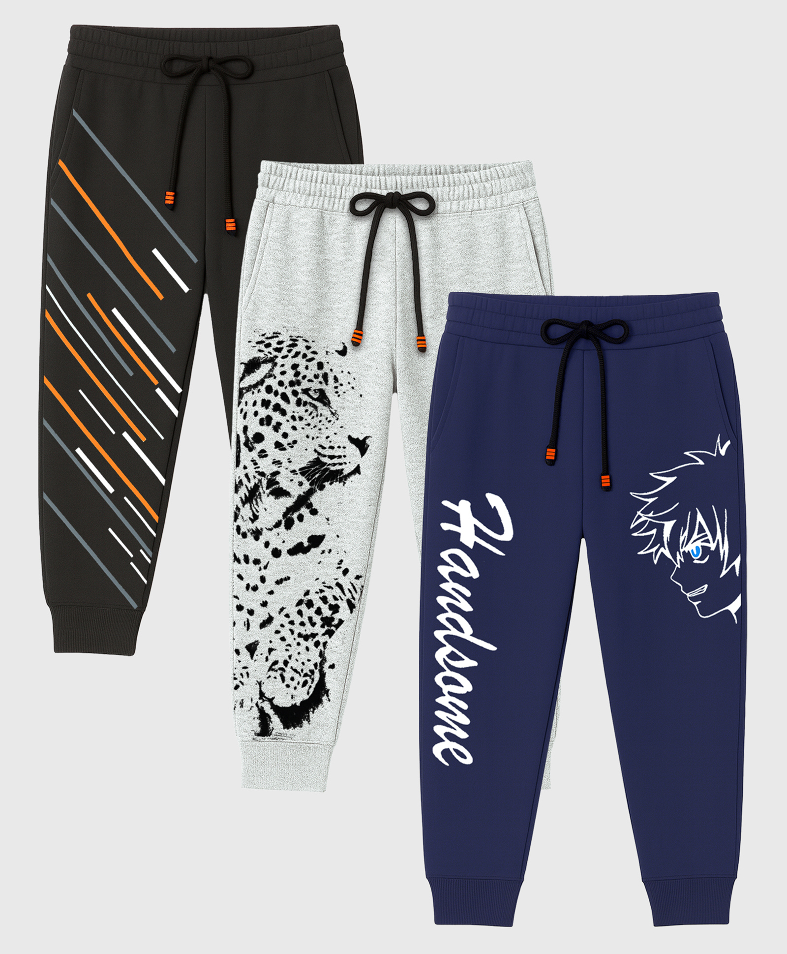 KUCHIPOO Cotton Knit Pack Of 3 Cheetah & Typography Printed Track Pants - Black Grey & Navy Blue-image-36