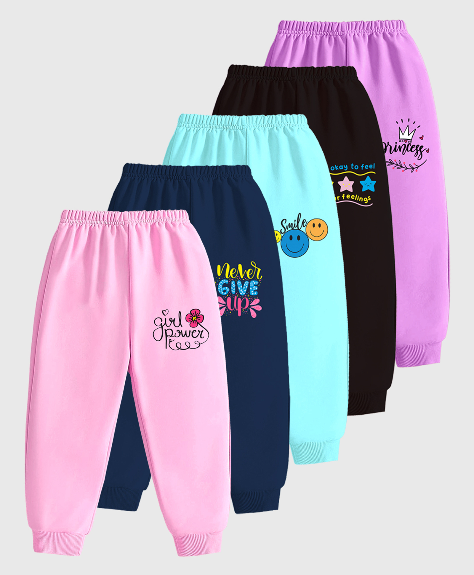 KUCHIPOO Cotton Knit Pack Of 5 Smiley Face & Typography Printed Track Pants - Pink Black Lilac Teal & Navy Blue-picture-23