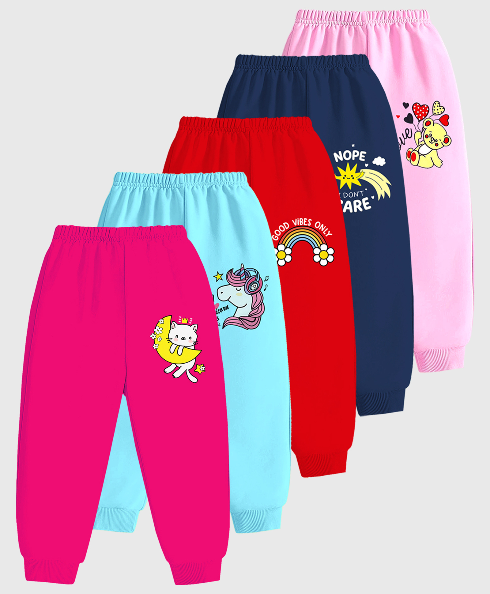 KUCHIPOO Cotton Knit Pack Of 5 Cat Rainbow & Unicorn Printed Track Pants - Pink Red Navy Blue & Dark Pink
