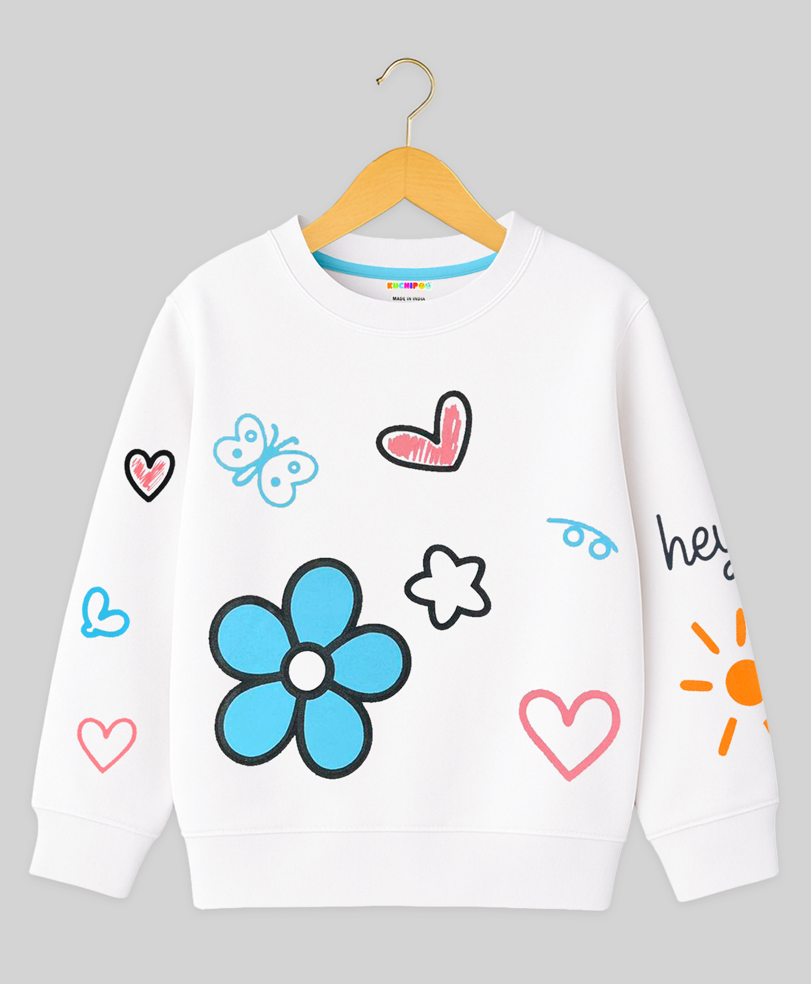 KUCHIPOO Fleece Knit Full Sleeves Floral & Hearts Printed Winter Sweatshirt - White-image-20