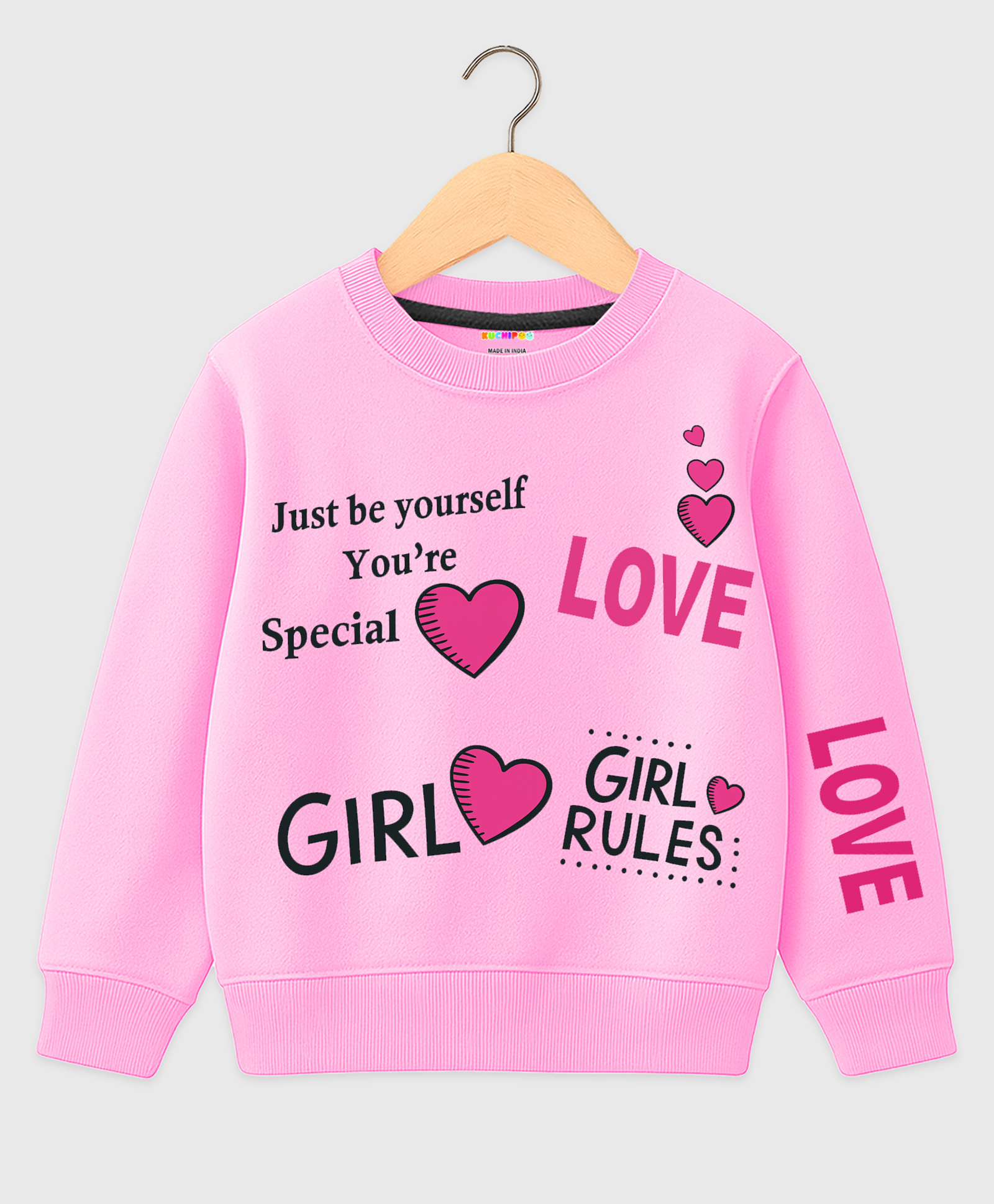 KUCHIPOO Fleece Knit Full Sleeves Hearts & Typography Printed Winter Sweatshirt - Pink-picture-31