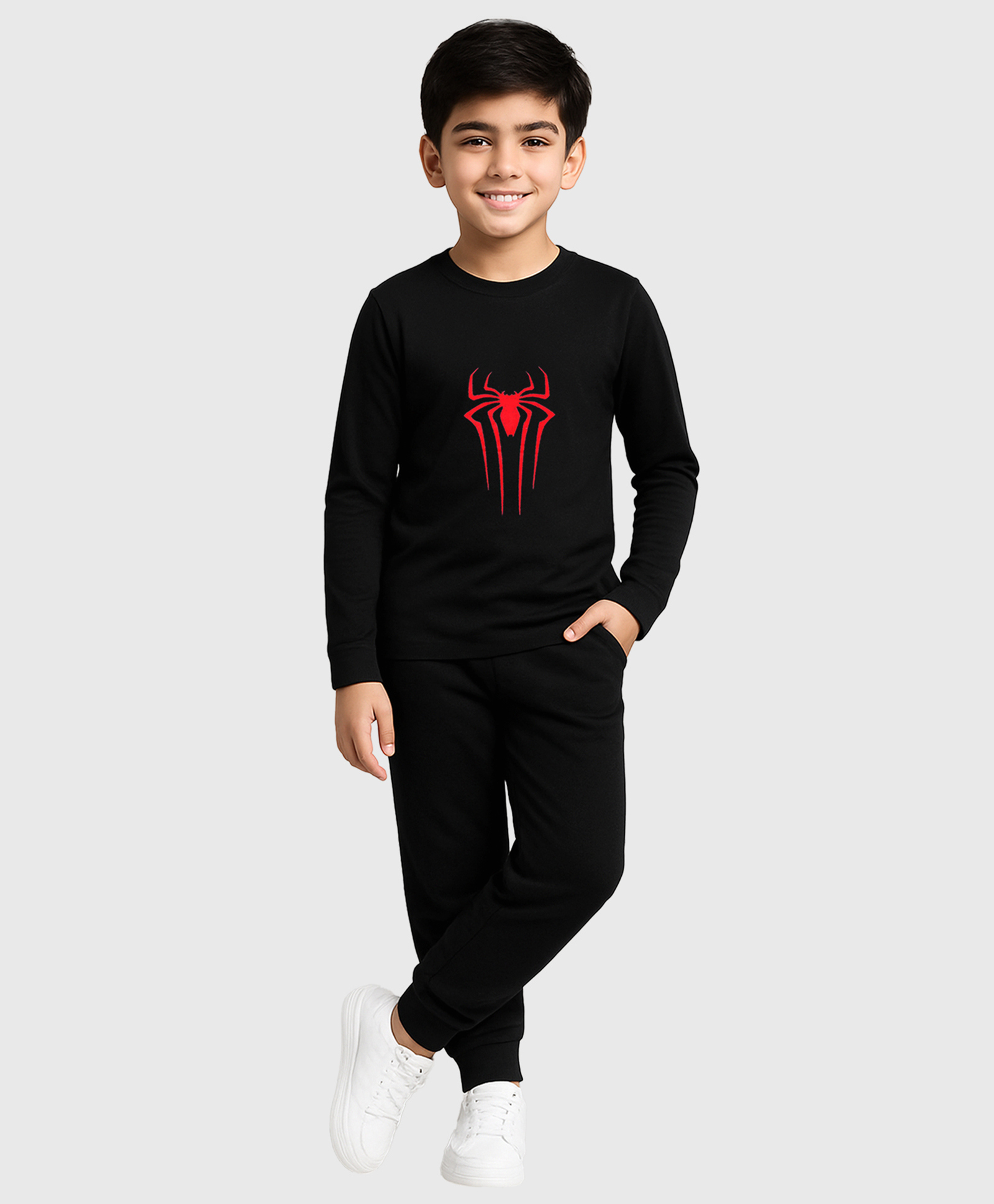 KUCHIPOO Cotton Knit Marvel Featuring Full Sleeves Spiderman Back Printed Tee & Joggers Set - Black-picture-45