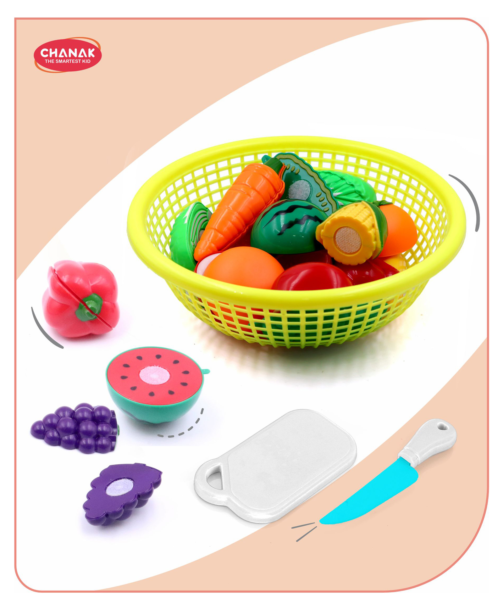 Aditi Toys Fruits & Vegetables Set in a Basket Includes Chopping Board & Knife BIS Approved - Yellow