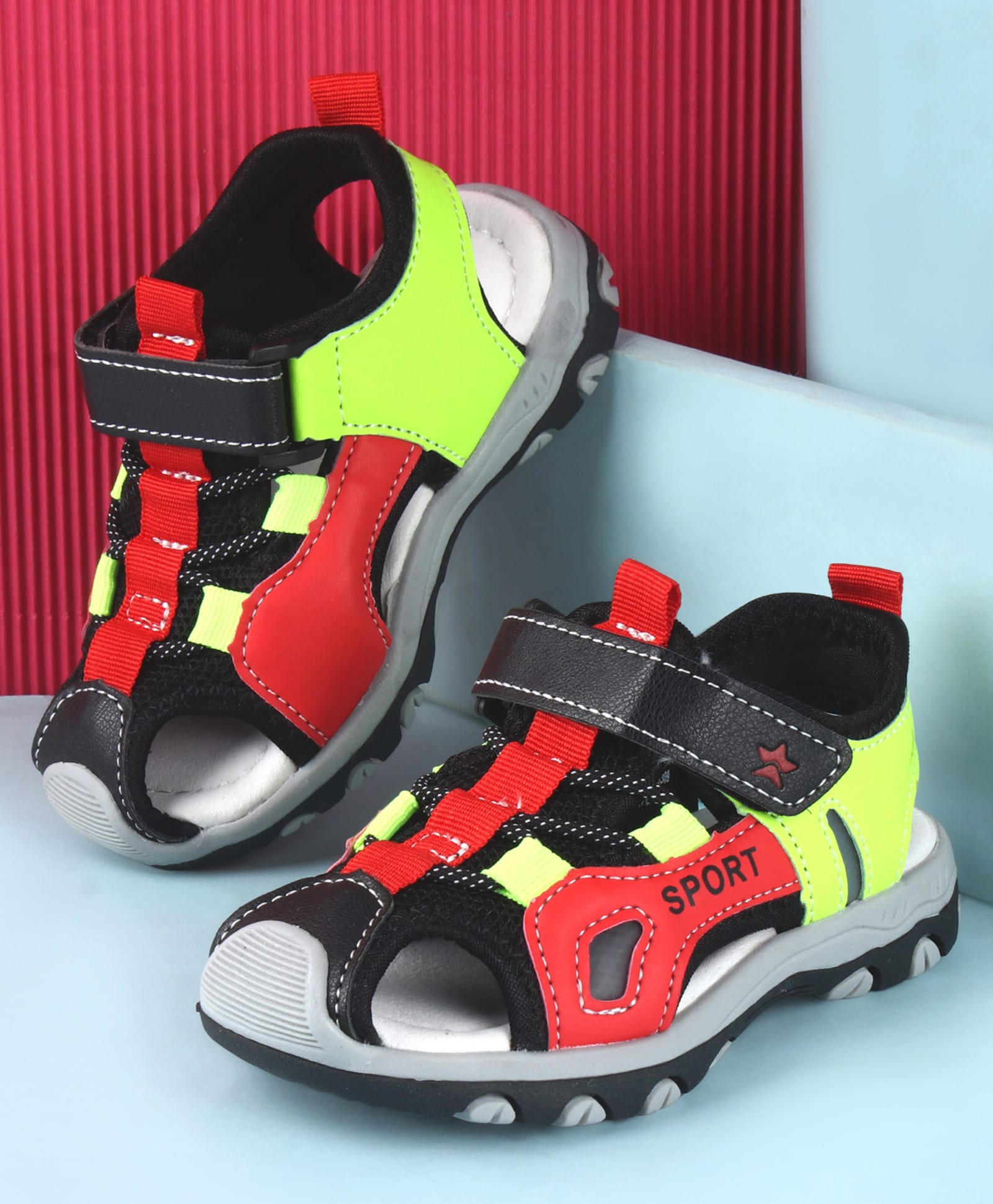 Cute Walk by Babyhug Sandals Color Block With Velcro Closure - Red & Limegreen-image-14