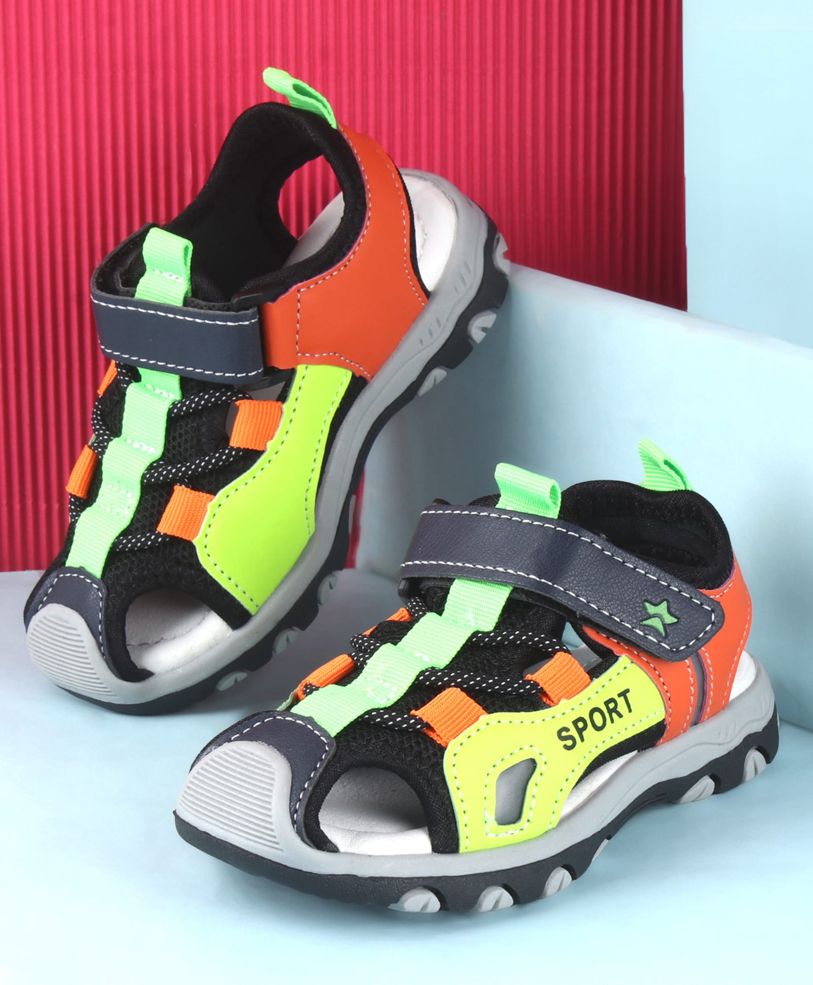 Cute Walk by Babyhug Sandals Color Block With Velcro Closure - Green & Orange-image-15
