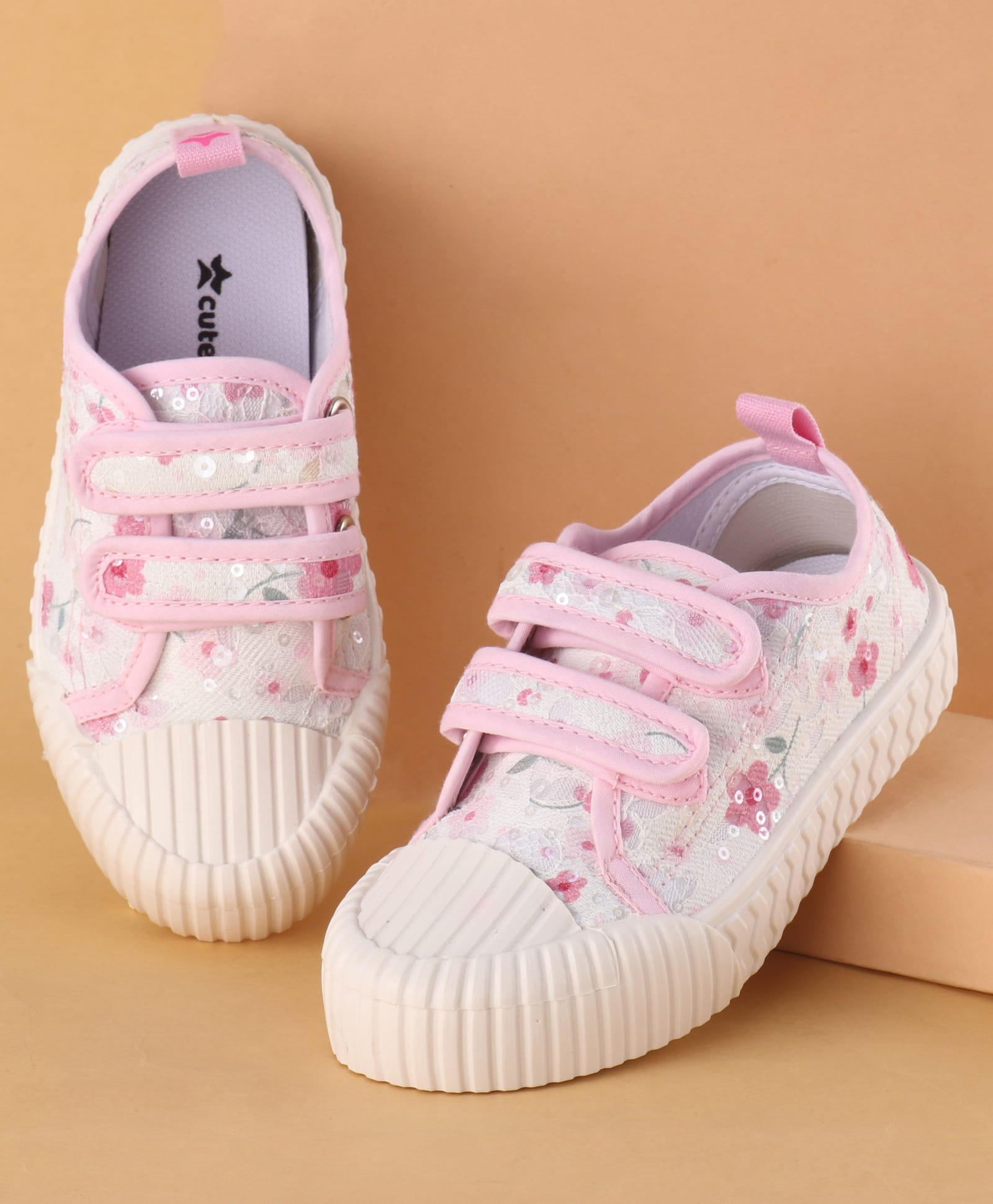 cute walk by babyhug velcro closure shoes with floral print & sequin detailing - pink