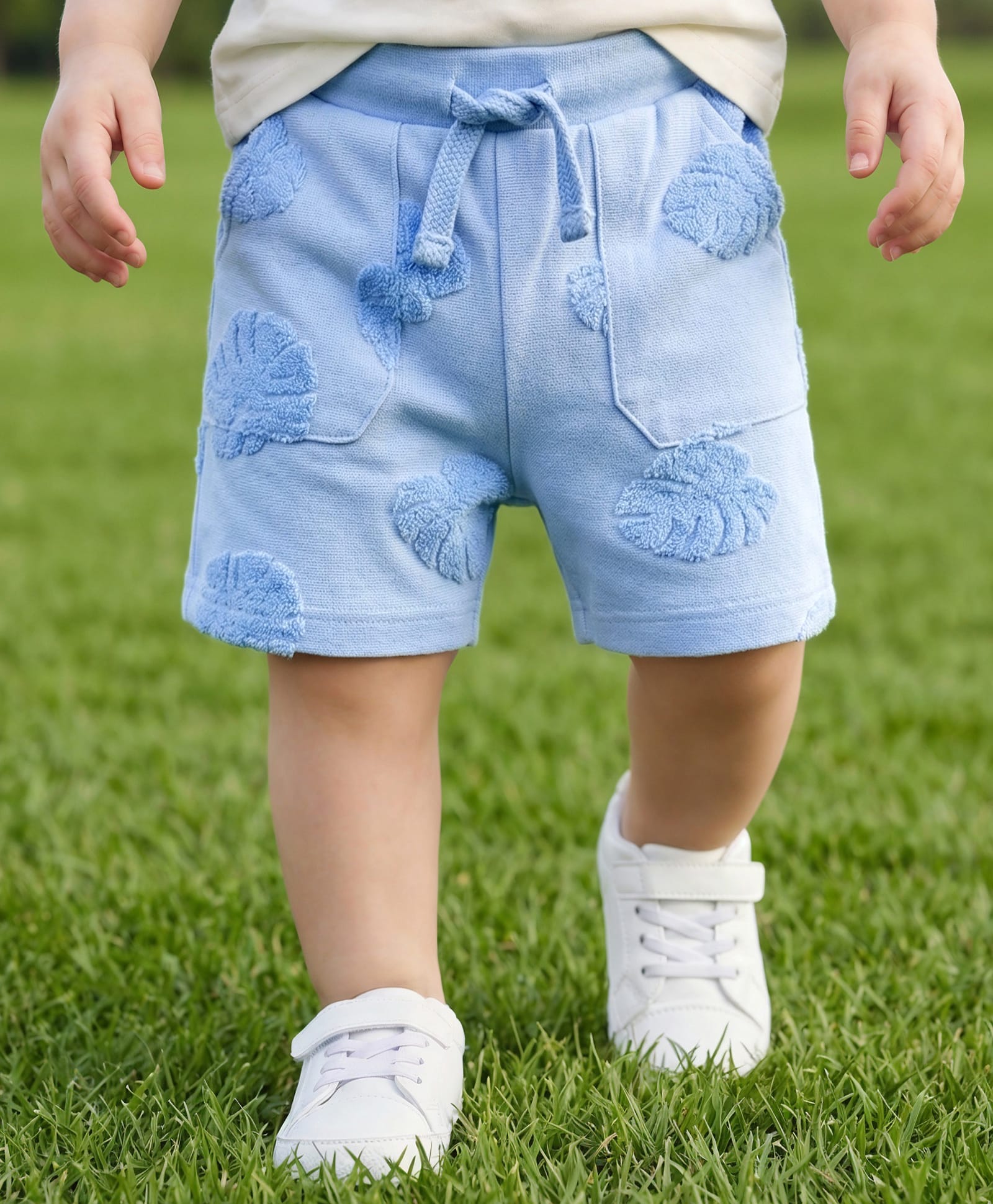 Babyoye Cotton Blend Knit Shorts with Leaf Embroidery - Light Blue-image-9