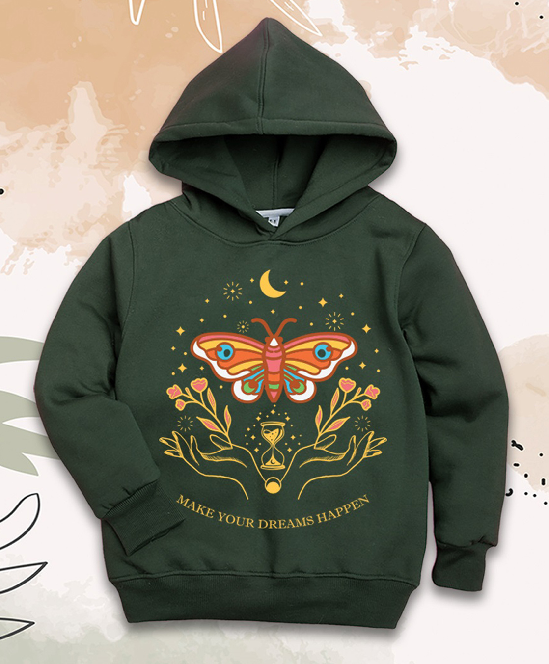 NUSYL Fleece Knit Full Sleeves Butterfly Printed Light Winter Hoodie - Olive Green-image-15