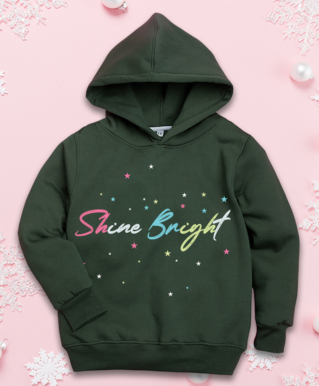 NUSYL Fleece Knit Full Sleeves Shine Bright Text Printed Light Winter Hoodie - Olive Green-picture-25