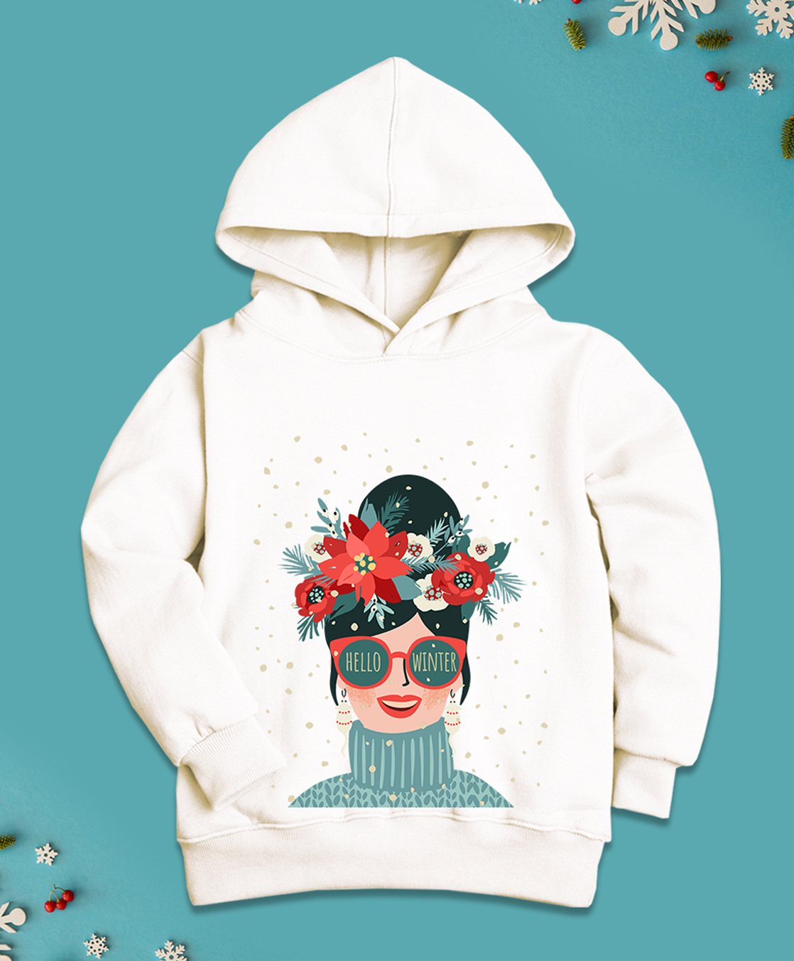 NUSYL Fleece Knit Full Sleeves Hello Winter Text Printed Light Winter Hoodie - White-picture-43