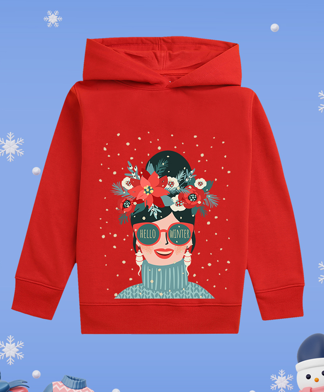 NUSYL Fleece Knit Full Sleeves Hello Winter Text Printed Light Winter Hoodie - Red-picture-31
