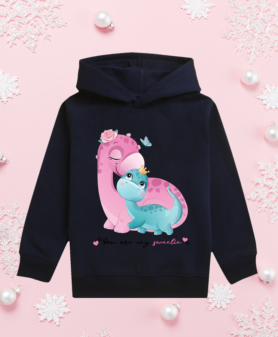 NUSYL Fleece Knit Full Sleeves Cute Baby Dinosaur Printed Light Winter Hoodie - Navy Blue-picture-2