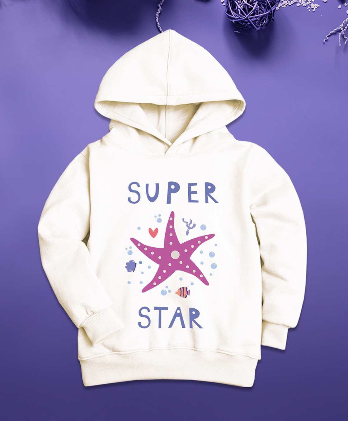 Nusyl Fleece Knit Full Sleeves Super Star Text Printed Light Winter Hoodie - White-picture-41