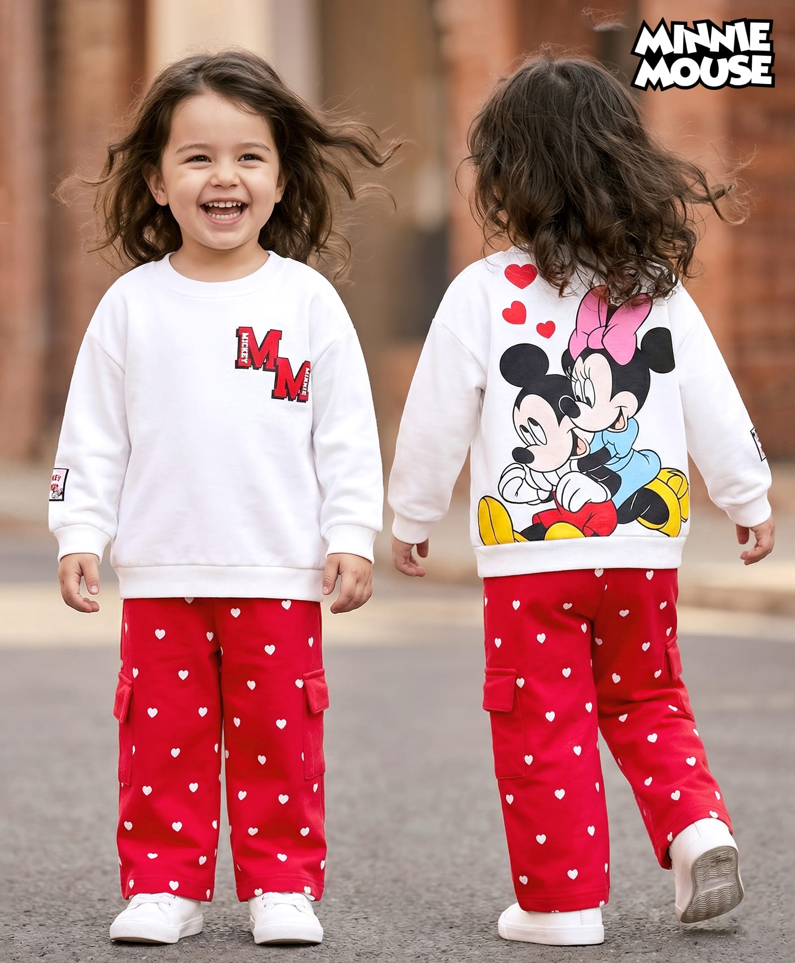 Babyhug Disney Terry Knit Full Sleeves Drop Shoulder T-Shirt & Track Pant with Minnie Mouse Graphics - White & Red-image-47