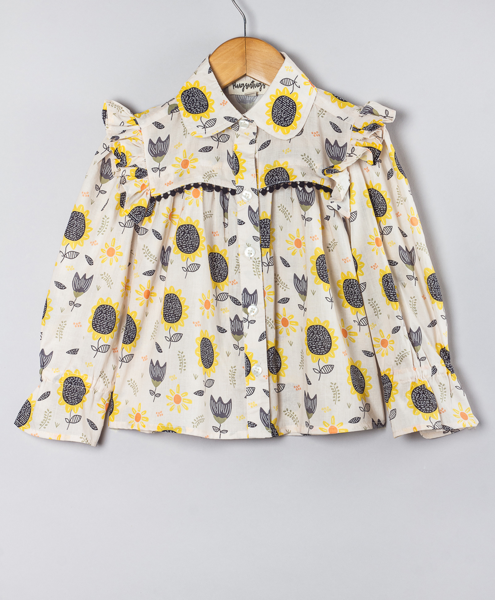 Hugsntugs Cotton Woven Full Sleeves Sunflower Printed Top - Yellow & Black-image-48