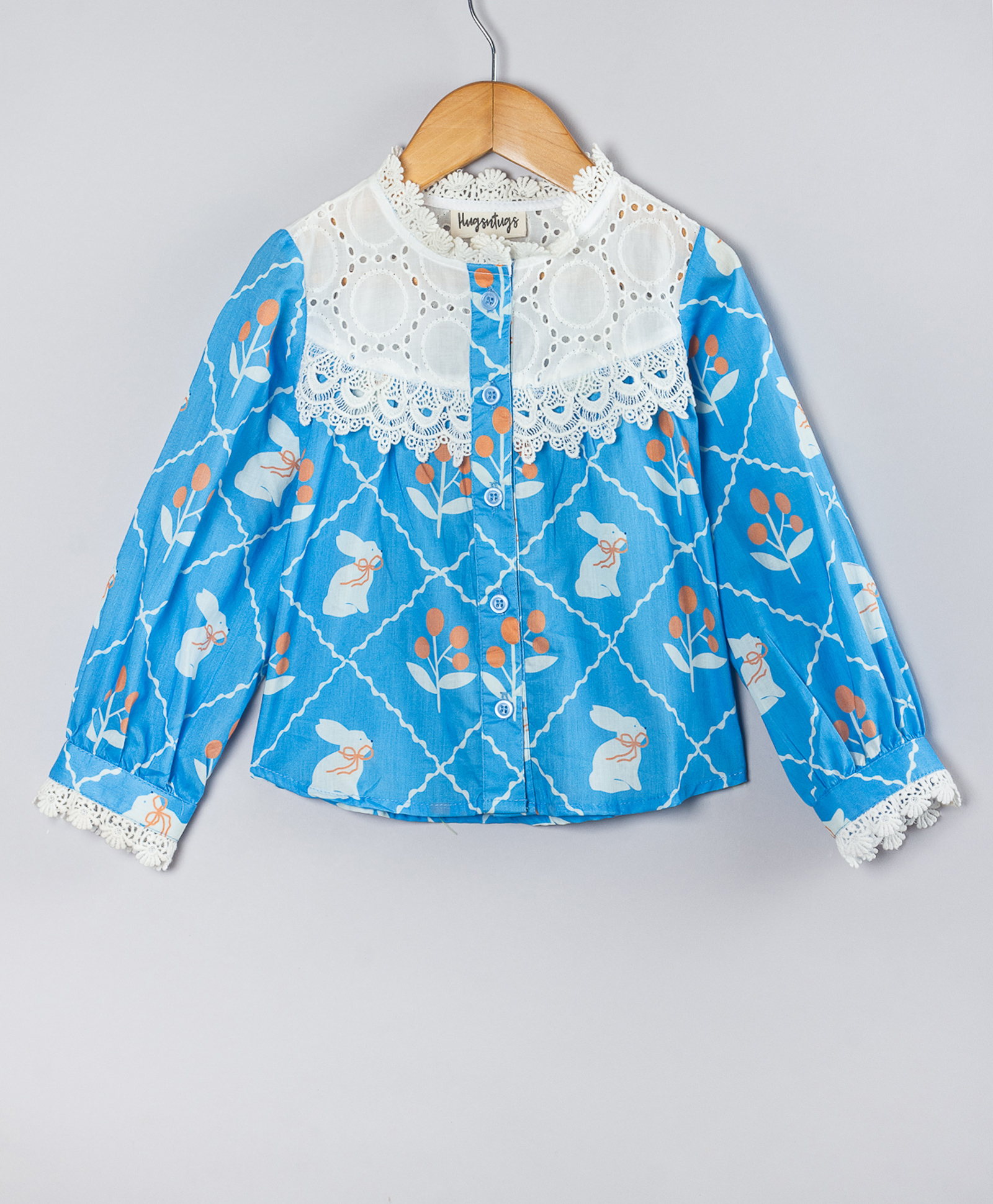 Hugsntugs Cotton Woven Full Sleeves Bunny Printed Lace Detailed Top - Blue-picture-23