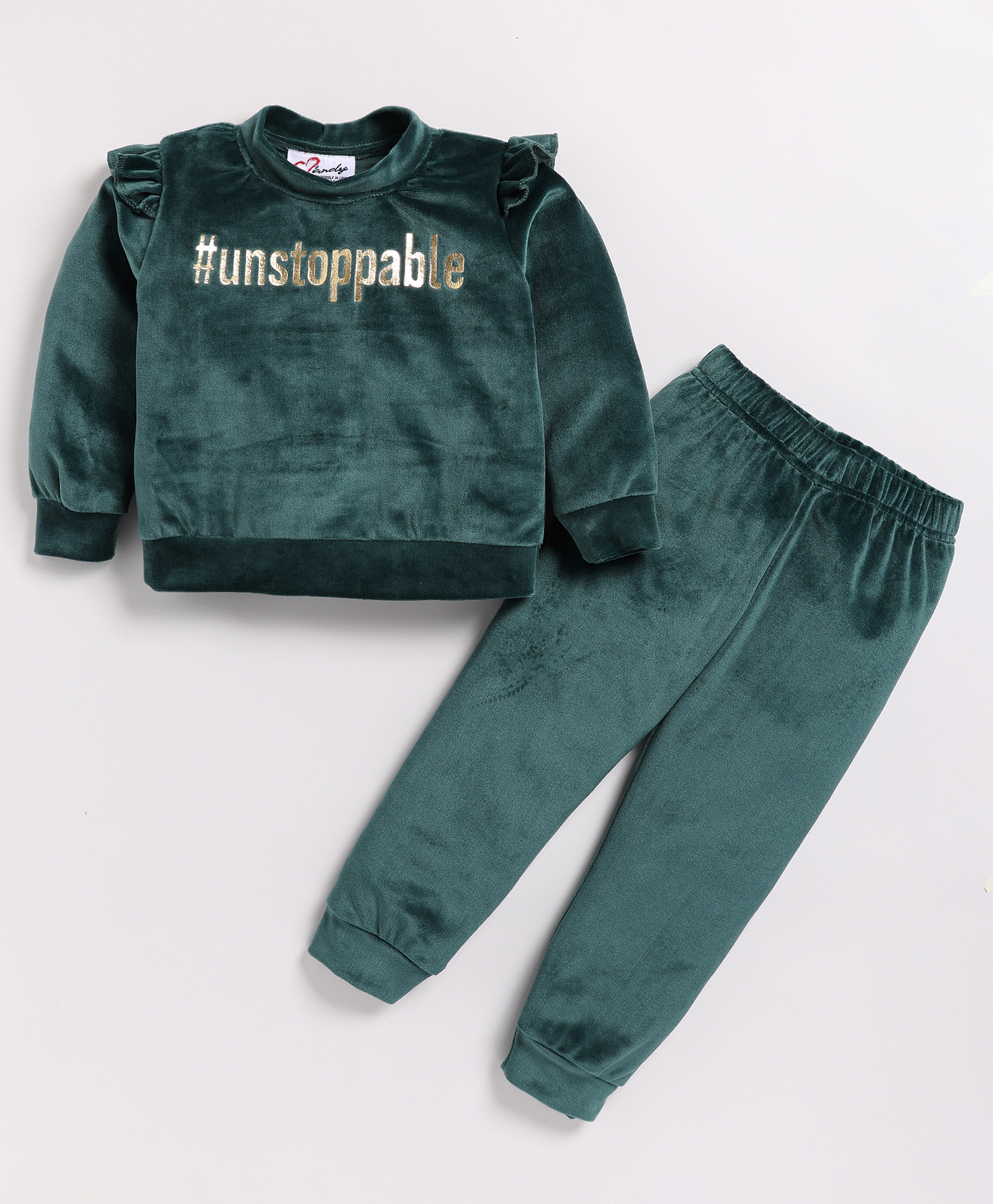 M'andy Velvet Knit Full Sleeves Unstoppable Text Foil Printed Winter Sweatshirt & Joggers Set - Green-image-14