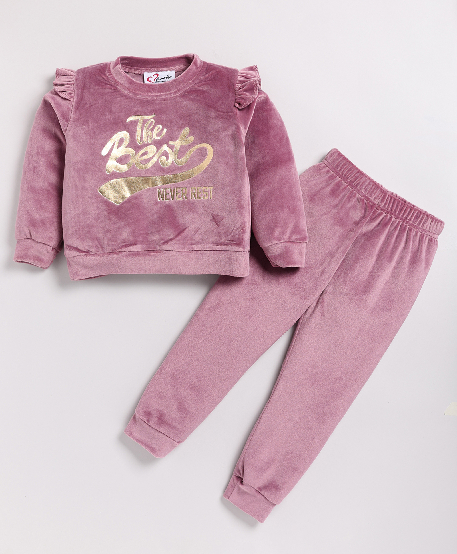 M'andy VVelvet Knit Full Sleeves The Best Never Rest Text Foil Printed Winter Sweatshirt & Joggers Set - Peach-image-47