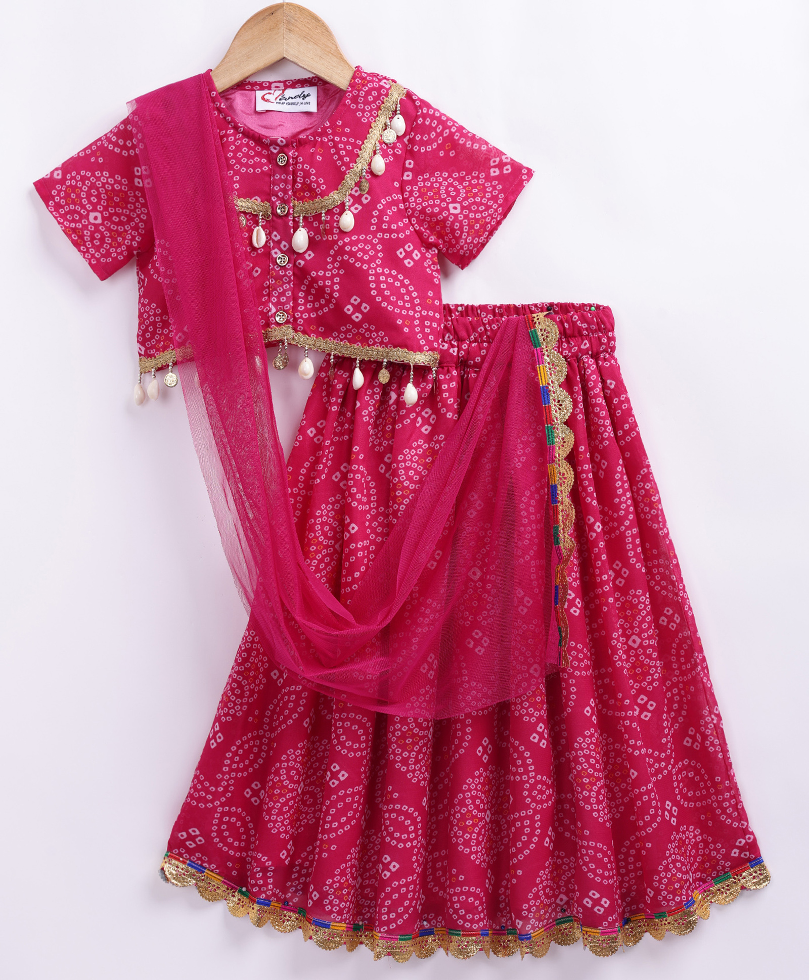 M'andy Georgette Woven Half Sleeves Bandhani Printed Cowrie Shells Embellished Lehenga Choli With Dupatta Set - Red-image-25