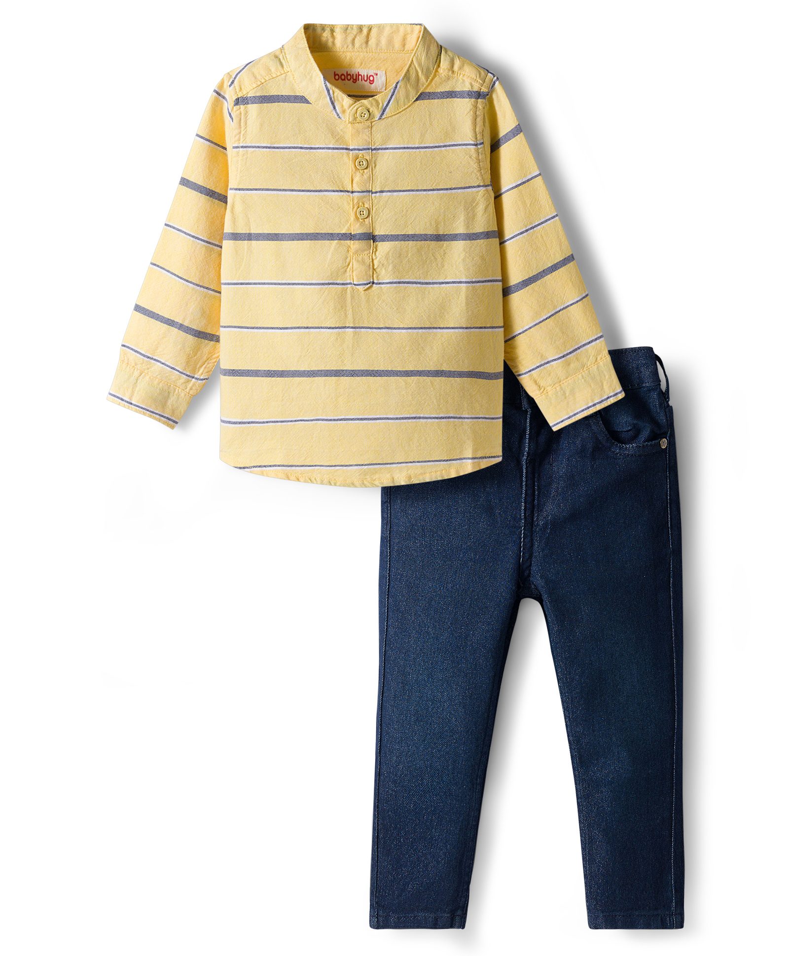 Babyhug Cotton Woven Full Sleeves Kurta Style Striped Shirt & Denim Jeans Set - Yellow & Blue-image-13