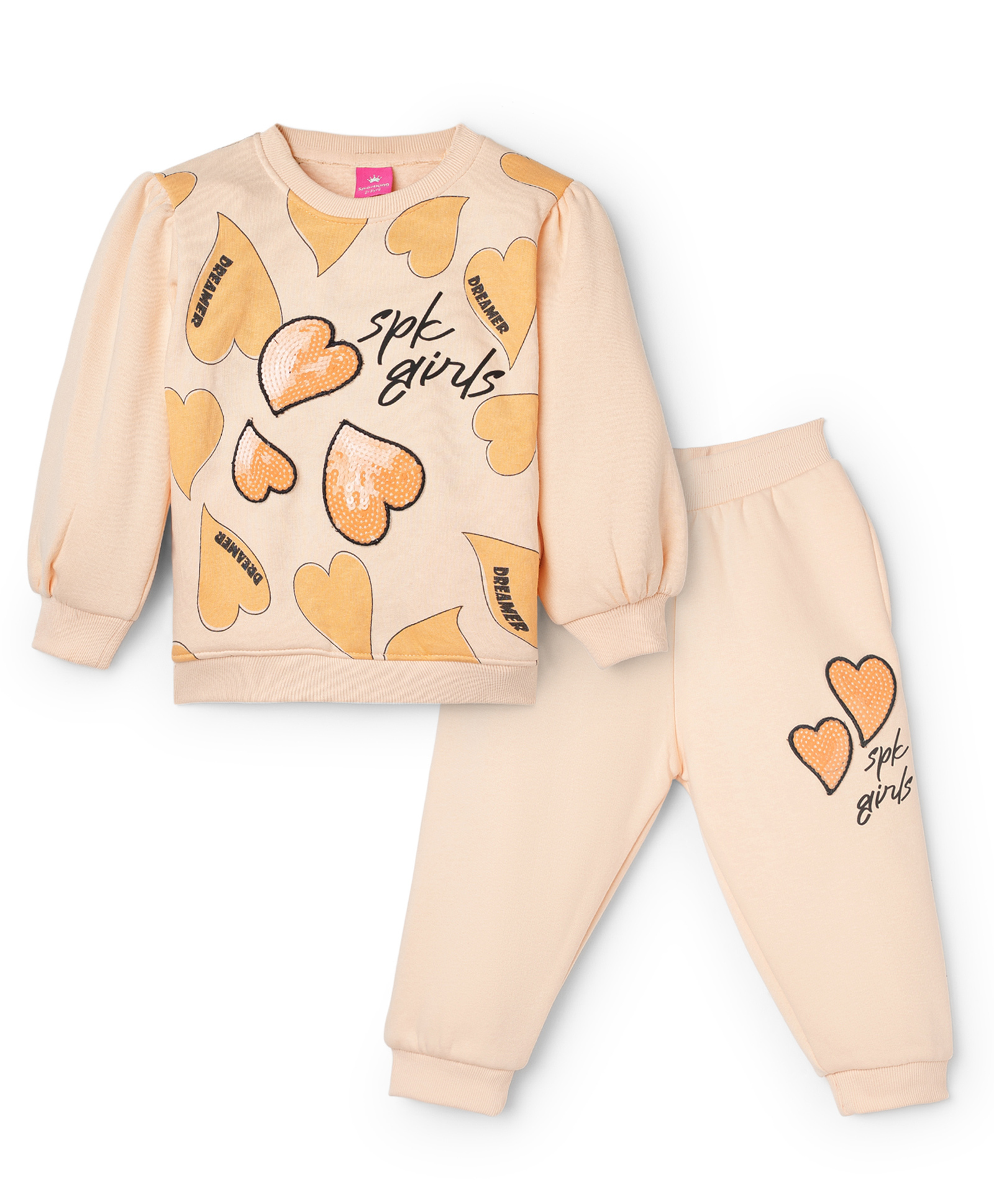 Sportking Cotton Blend Knit Full Sleeves Heart Sequins Embellished Winter Sweatshirt & Joggers Set - Peach-image-40