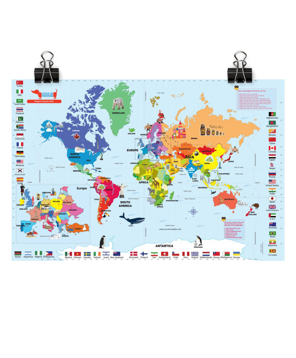 CocoMoco Kids Giant World Map for Kids 5 x 3 feet - Non Tear Canvas | Educational Toy with Capitals, Monuments, Animals | Birthday Return Gift for Ages 3-10 years-picture-11