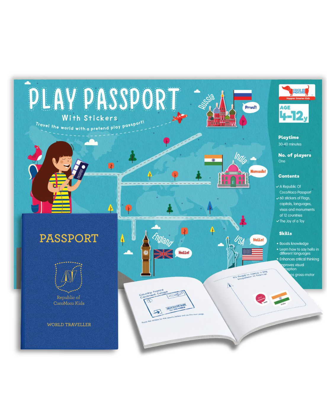 CocoMoco Kids Play Passport for Kids, Geography Educational Toy Activity Kit with Reusable Stickers and World Map, Return Gift for Kids Ages 4-11 Year olds-picture-16