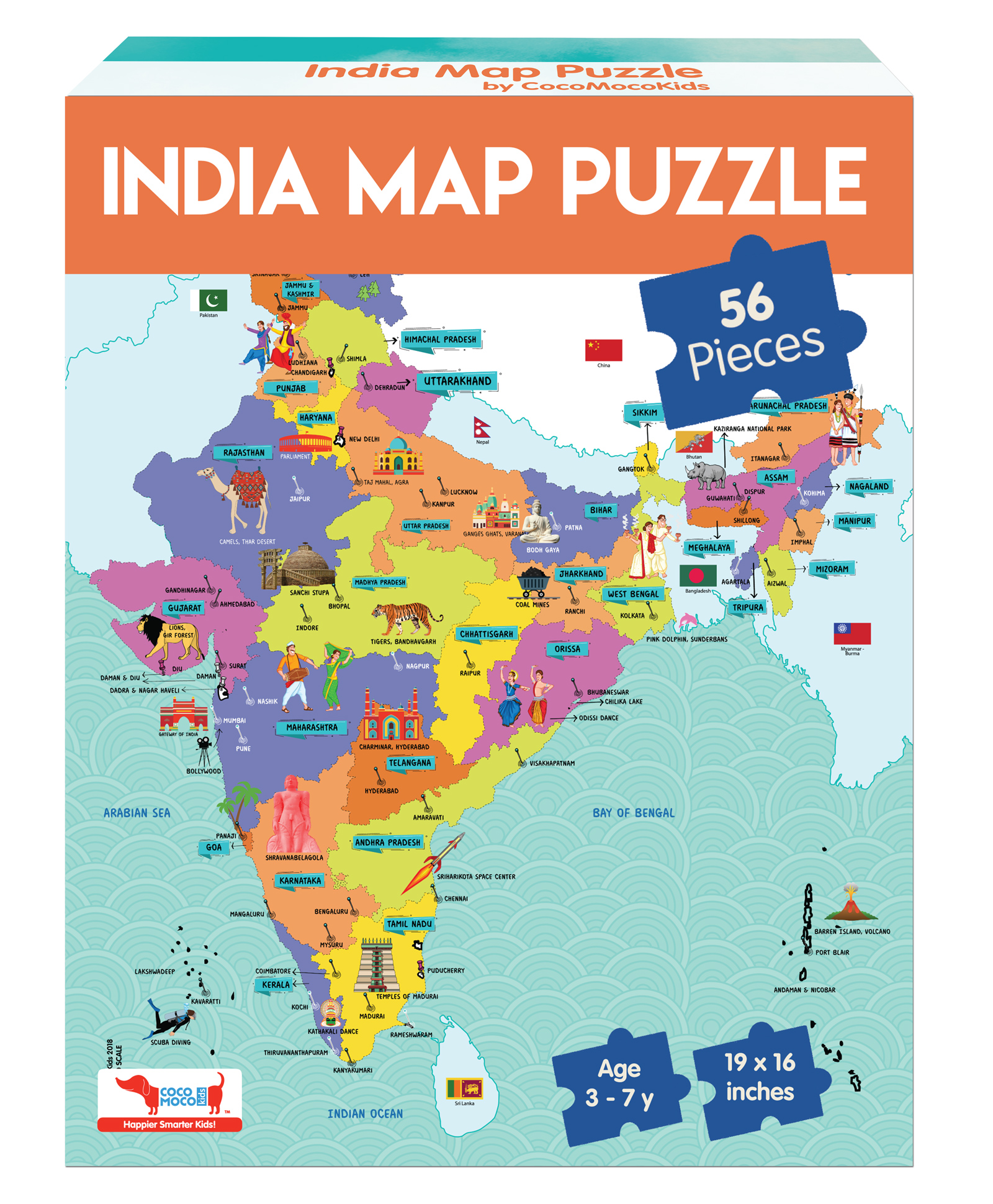 CocoMoco Kids India Map Puzzle for Kids | 56-Pieces Jigsaw Puzzle with States, Cities, Animals & Monuments | Educational Geography Game Birthday Return Gift - Multicolor-image-48