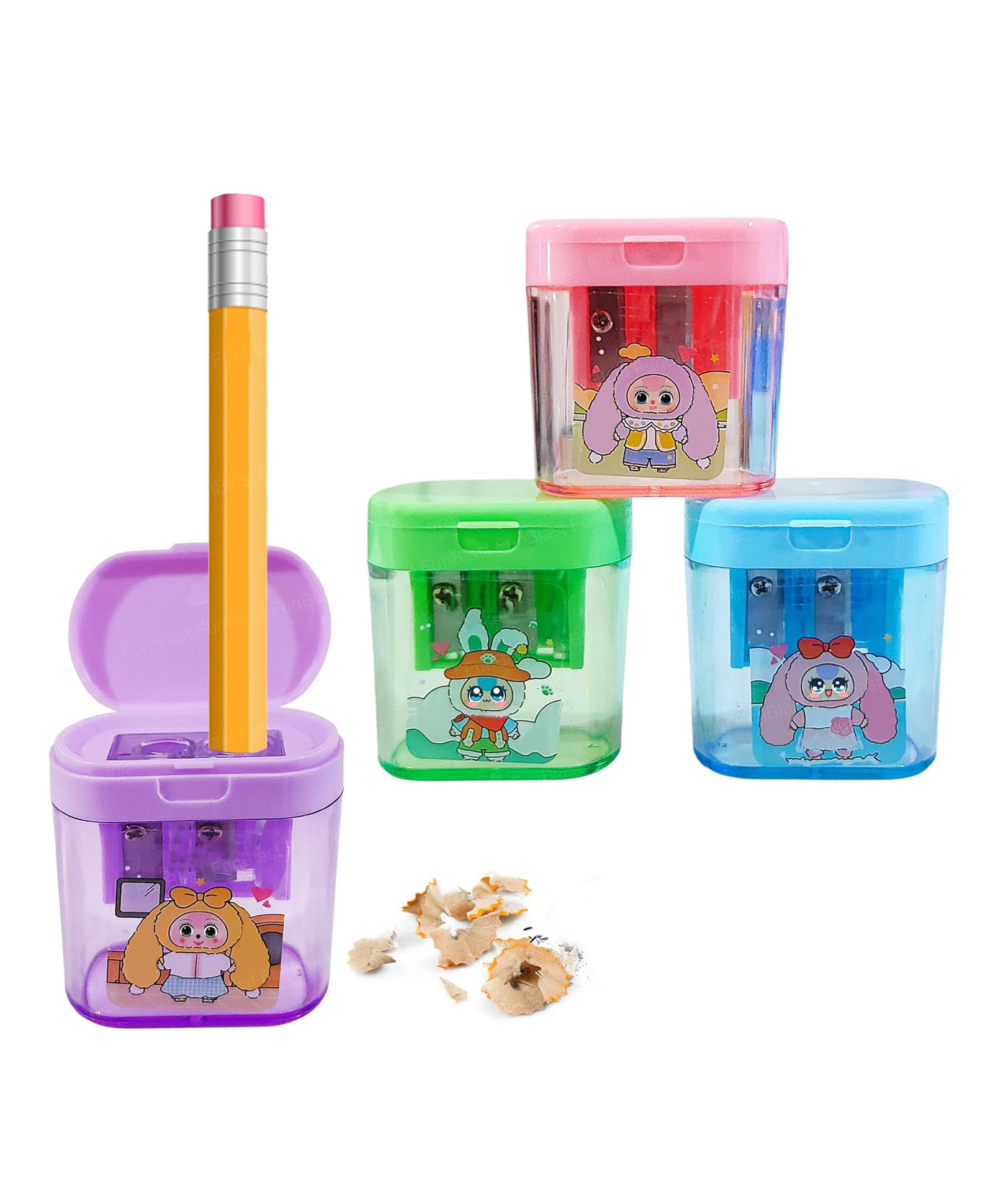 FunBlast Cartoon Design Pencil Sharpener with Two Holes for Kids Pack of 4 Multicolor-image-38