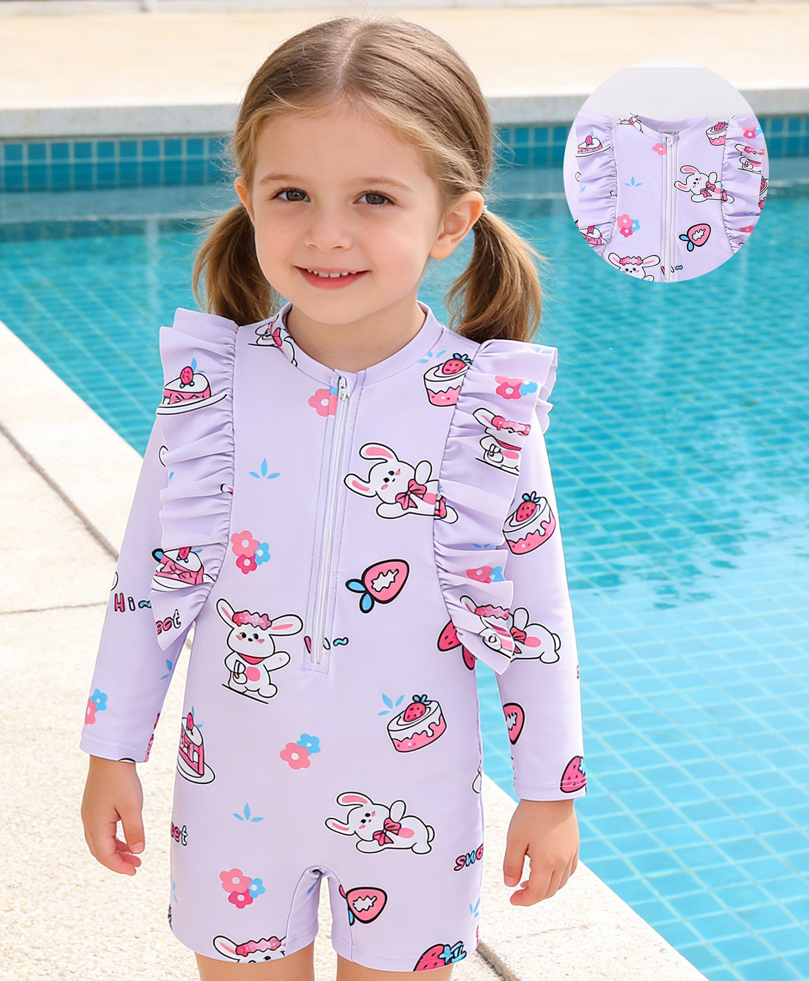 Mark & Mia Full Sleeves Legged Swimsuit With Bunny Print - Purple-image-41