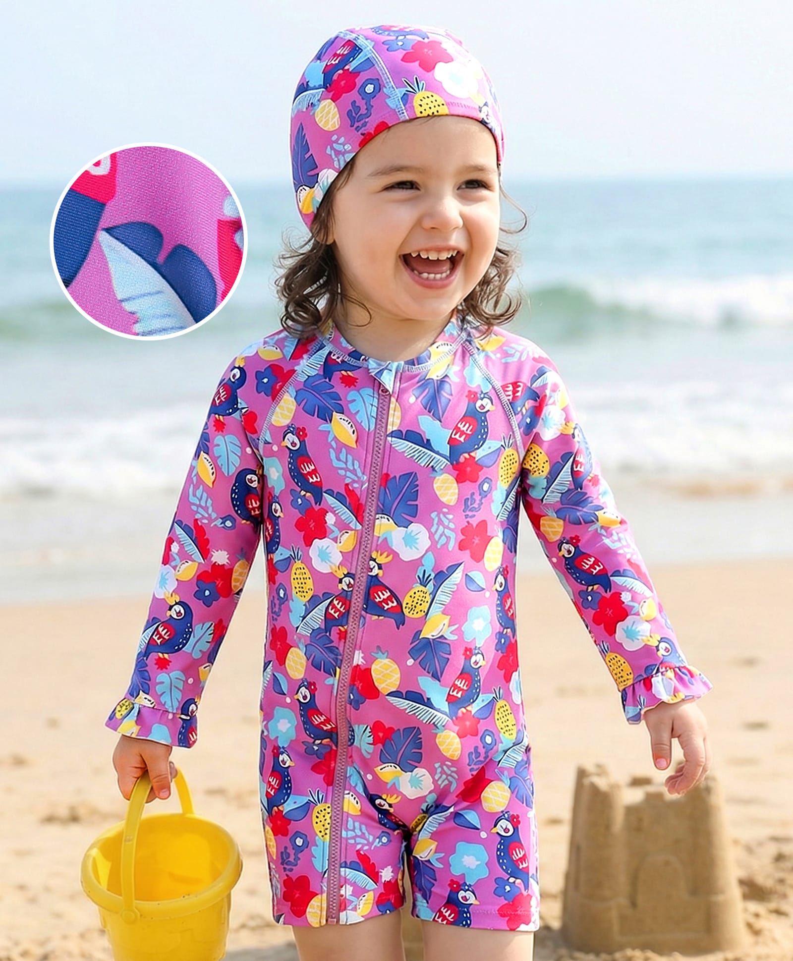 Mark & Mia Full Raglan Sleeves Legged Swimsuit With Bird Print & Cap - Purple