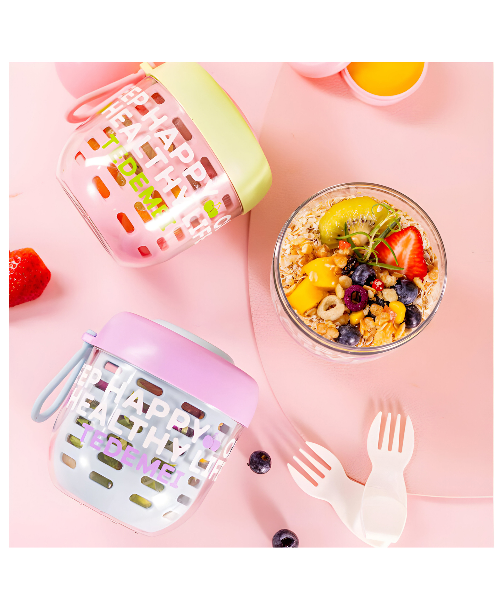 SCHOOLISH Portable 500ml Plastic Salad Bowl with Fork Kids Breakfast and Lunch Bento Box School Refrigerator Storage Cereal Milk Cup- PACK OF 1 - COLOR MAY VARY-image-35