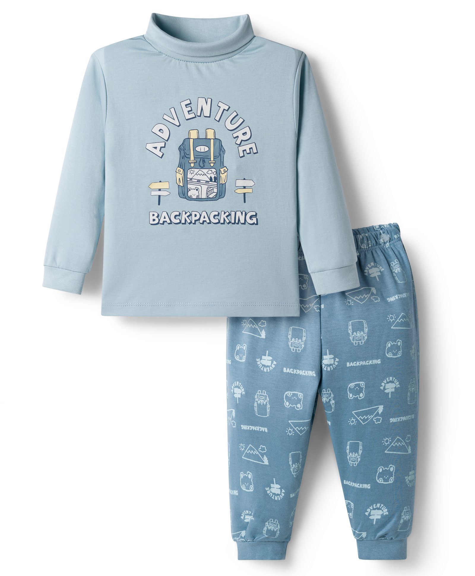CUCUMBER Interlock Knit Full Sleeves T-Shirt & Lounge Pant Set With Text Print - Blue-picture-20