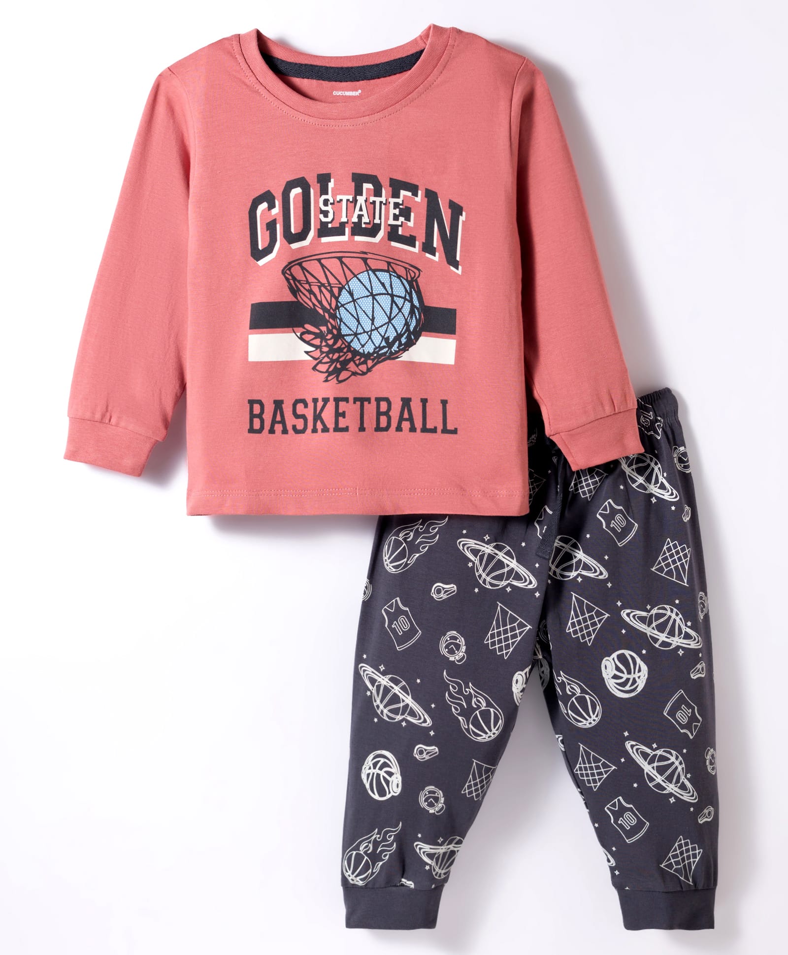 CUCUMBER Interlock Knit Full Sleeves T-Shirt & Lounge Pant Set With Basketball Print - Red-picture-10