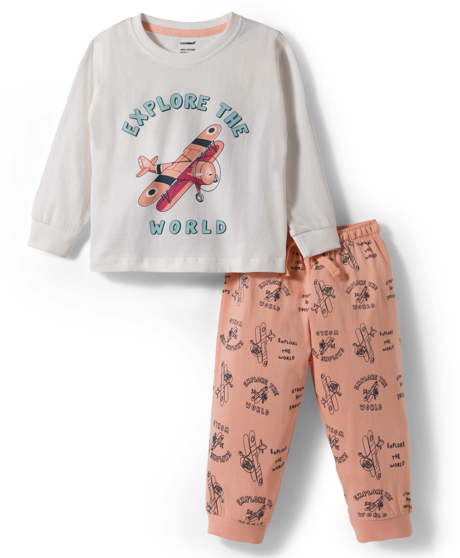 CUCUMBER Interlock Knit Full Sleeves T-Shirt & Lounge Pant Set With Plane Print - White-picture-48