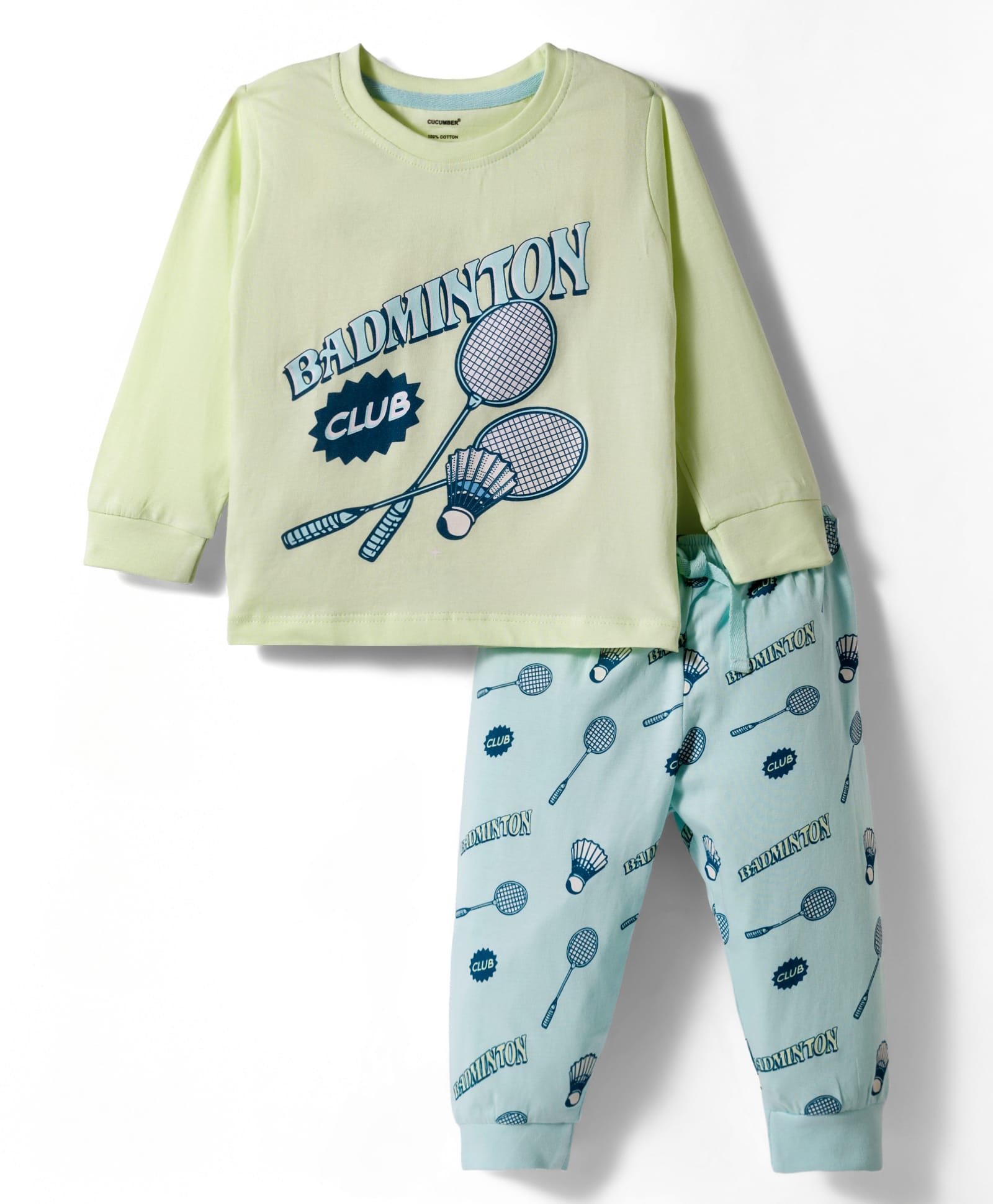 CUCUMBER Interlock Knit Full Sleeves T-Shirt & Lounge Pant Set With Badminton Print - Light Green-picture-22