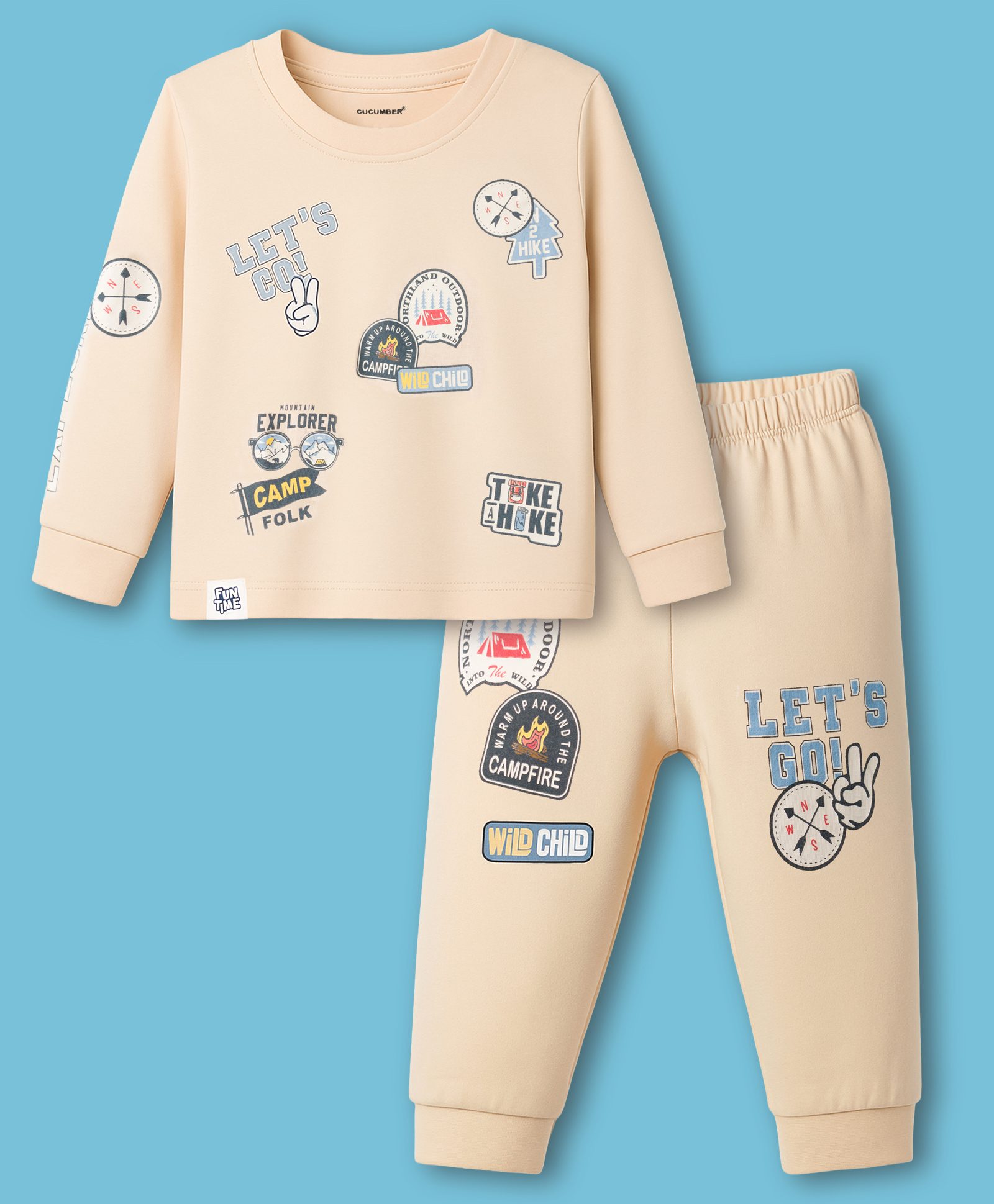 CUCUMBER Interlock Knit Full Sleeves T-Shirt & Lounge Pant Set With Camping Print - Ivory-picture-27