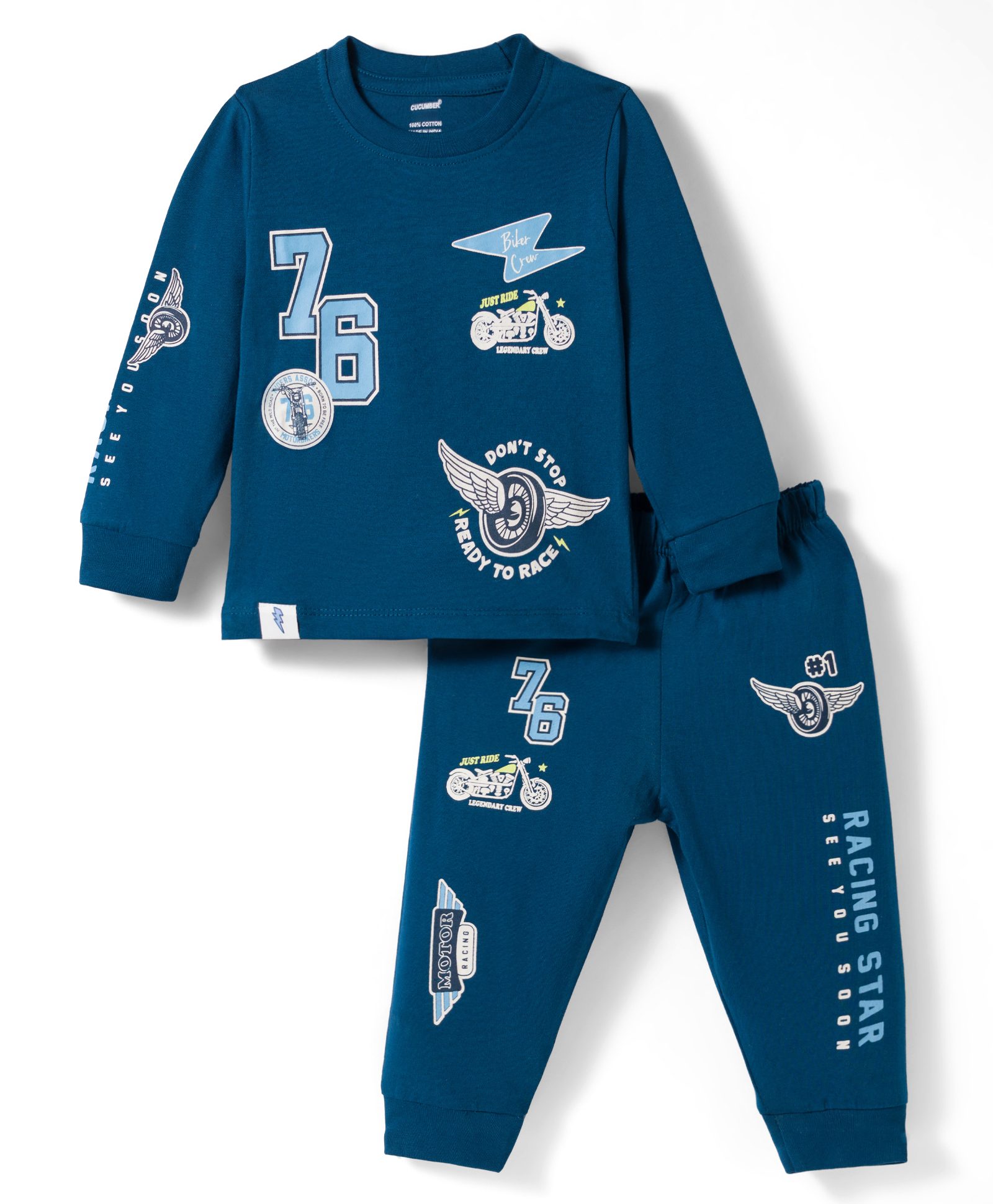 CUCUMBER Interlock Knit Full Sleeves T-Shirt & Lounge Pant Set With Motorcycle Print - Navy Blue-picture-12